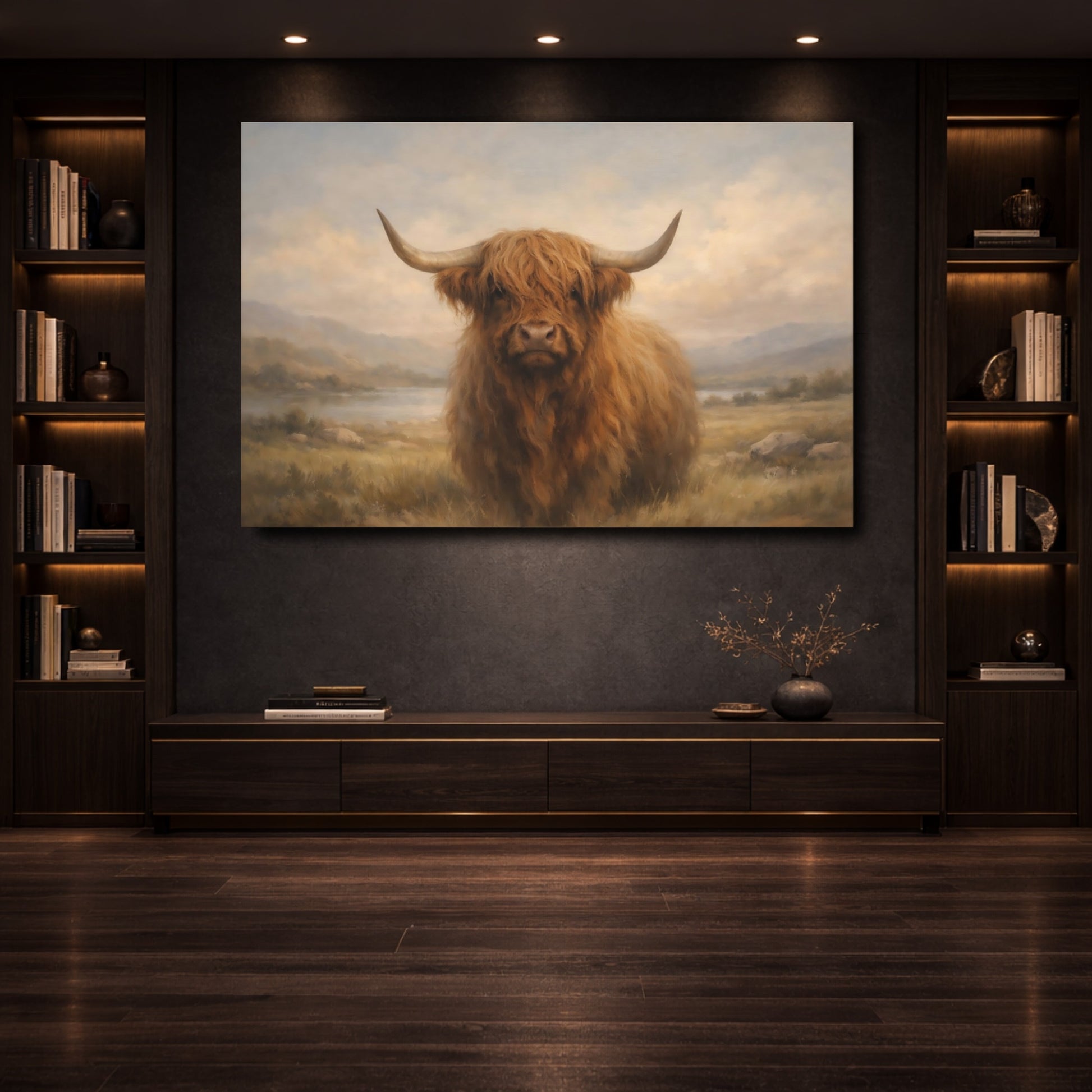 Mockup 3. Animals Highland Cow Brown Highland Cow shown as stretched canvas wall art