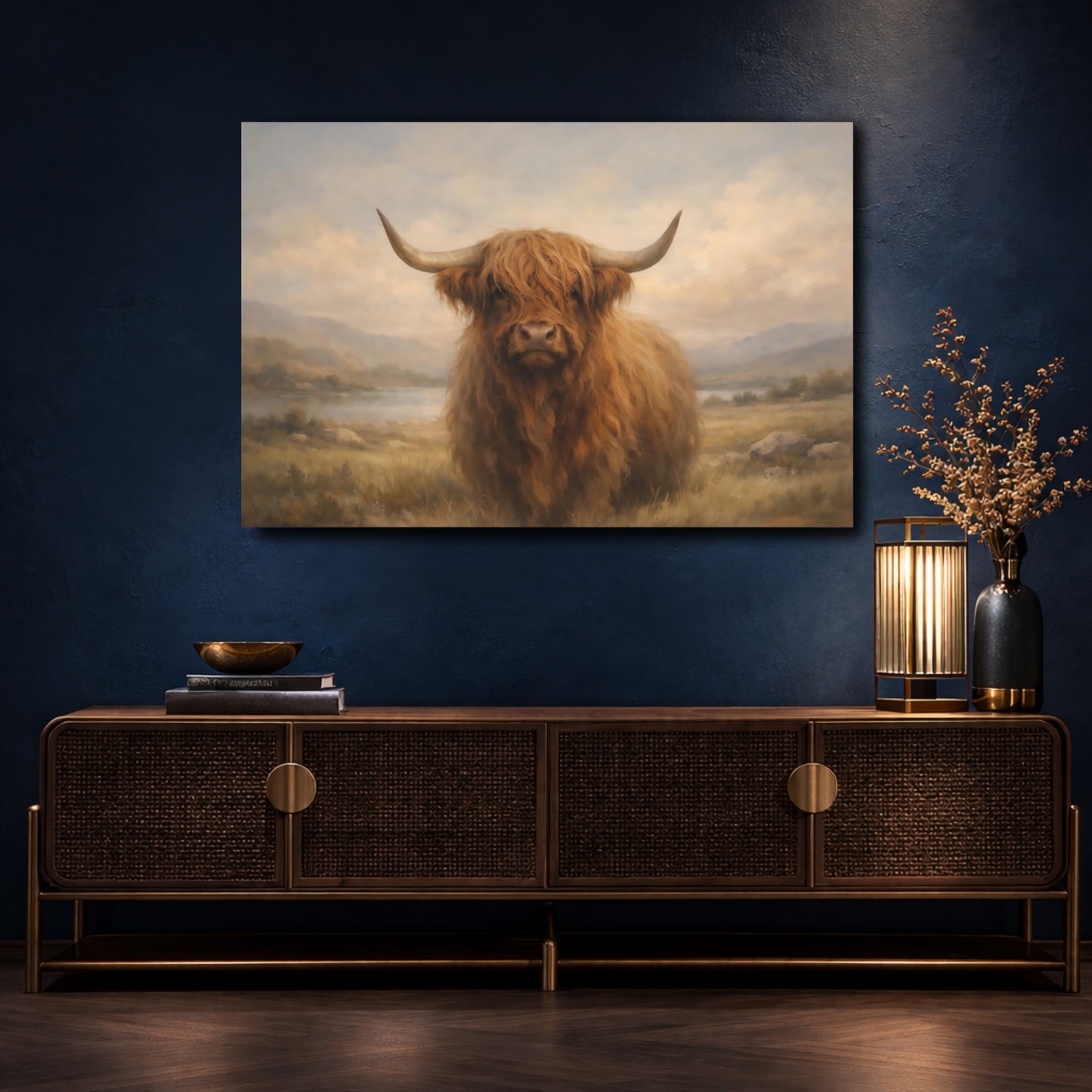 Mockup 4. Animals Highland Cow Brown Highland Cow shown as stretched canvas wall art