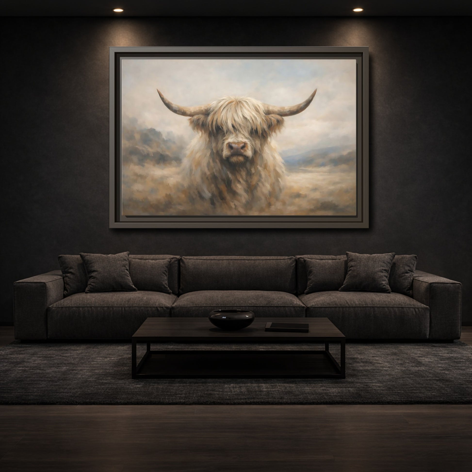 Mockup 2. Animals Highland Cow Cream And Brown Cow shown as stretched canvas wall art