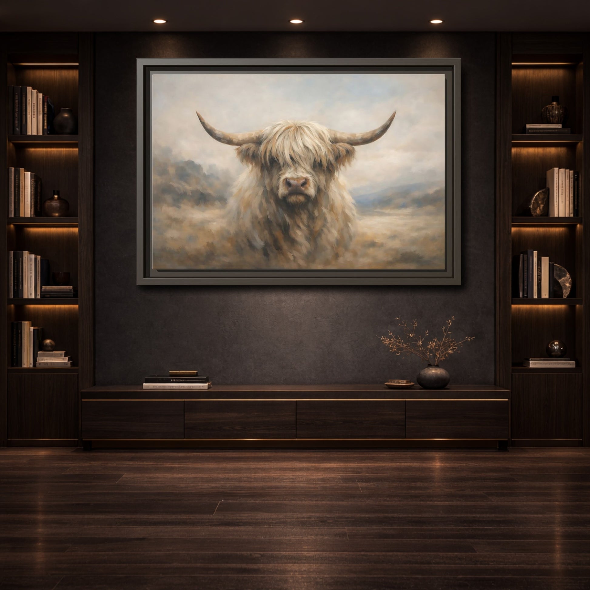 Mockup 3. Animals Highland Cow Cream And Brown Cow shown as stretched canvas wall art