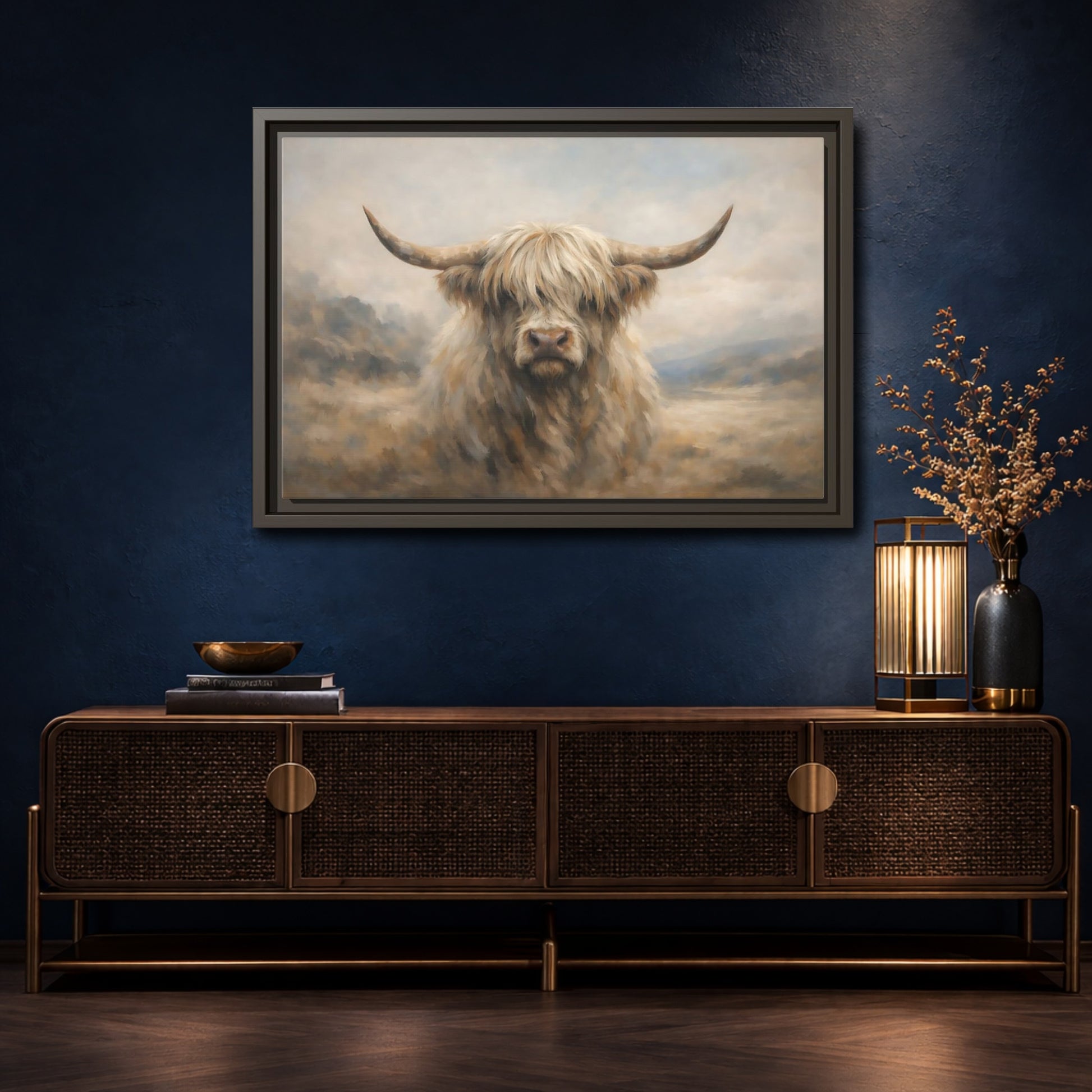 Mockup 4. Animals Highland Cow Cream And Brown Cow shown as stretched canvas wall art