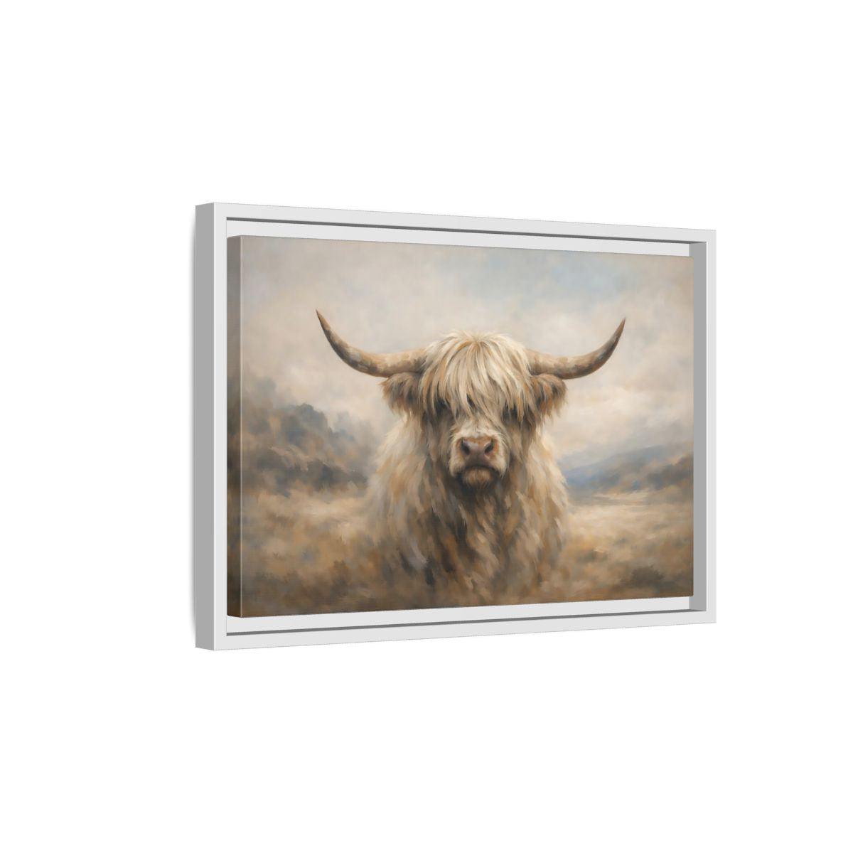 Side Mockup 4. Animals Highland Cow Cream And Brown Cow shown as stretched canvas wall art