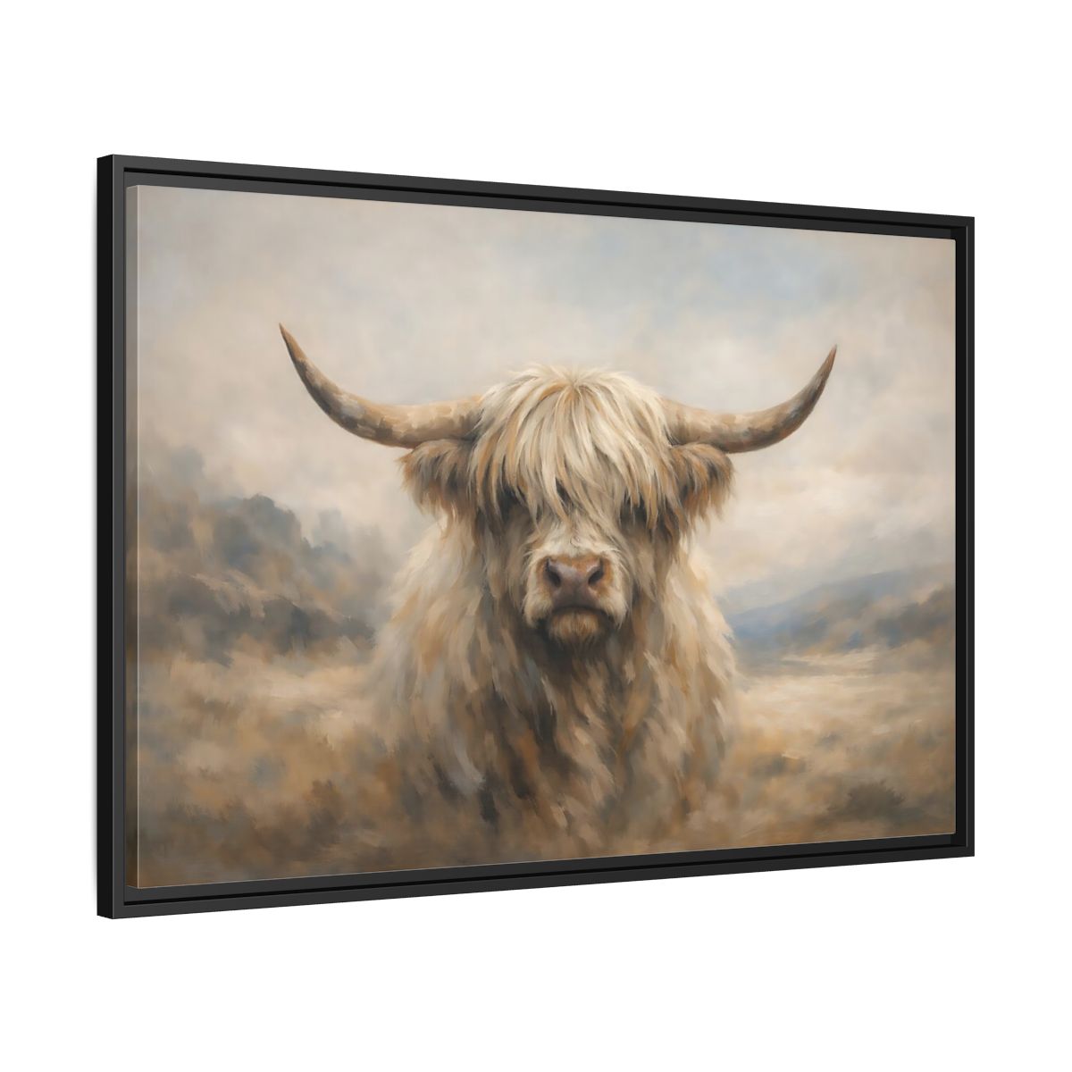Side Mockup 13. Animals Highland Cow Cream And Brown Cow shown as stretched canvas wall art