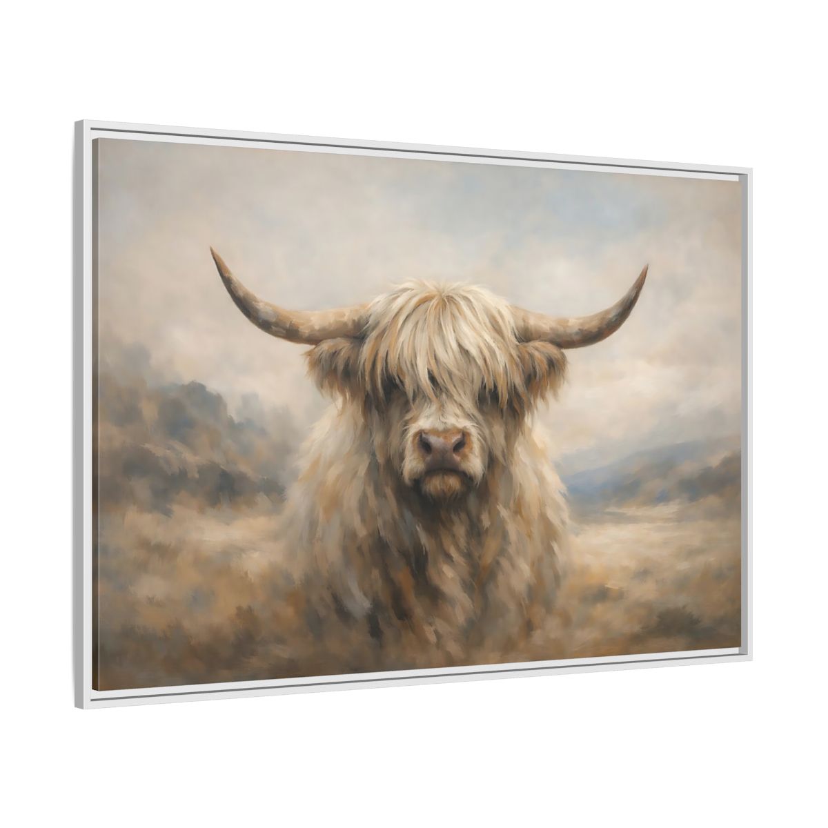 Side Mockup 7. Animals Highland Cow Cream And Brown Cow shown as stretched canvas wall art