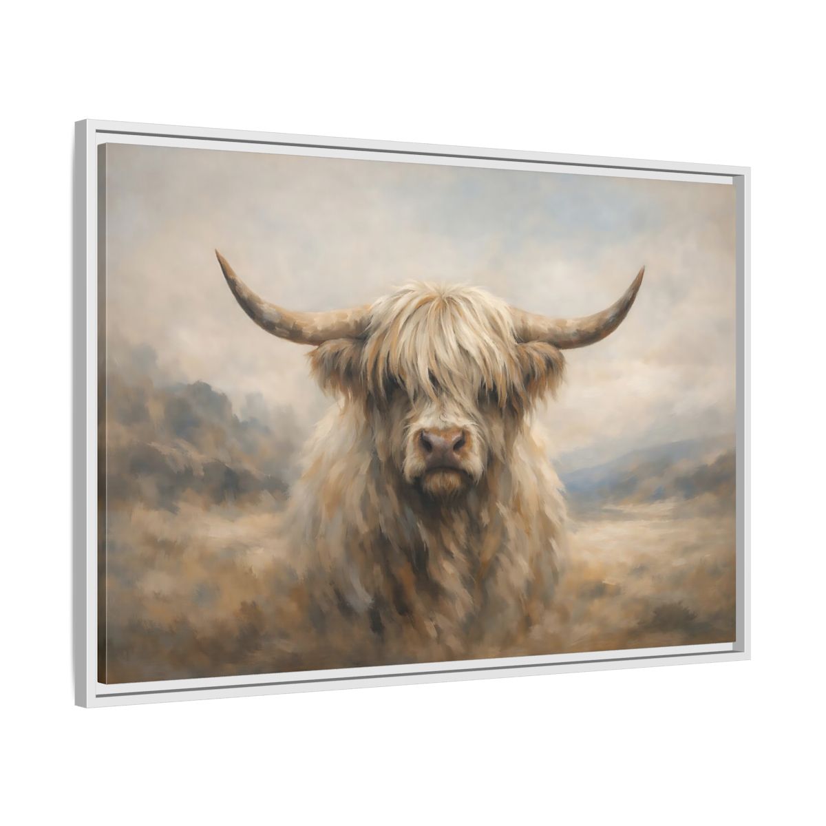 Side Mockup 8. Animals Highland Cow Cream And Brown Cow shown as stretched canvas wall art