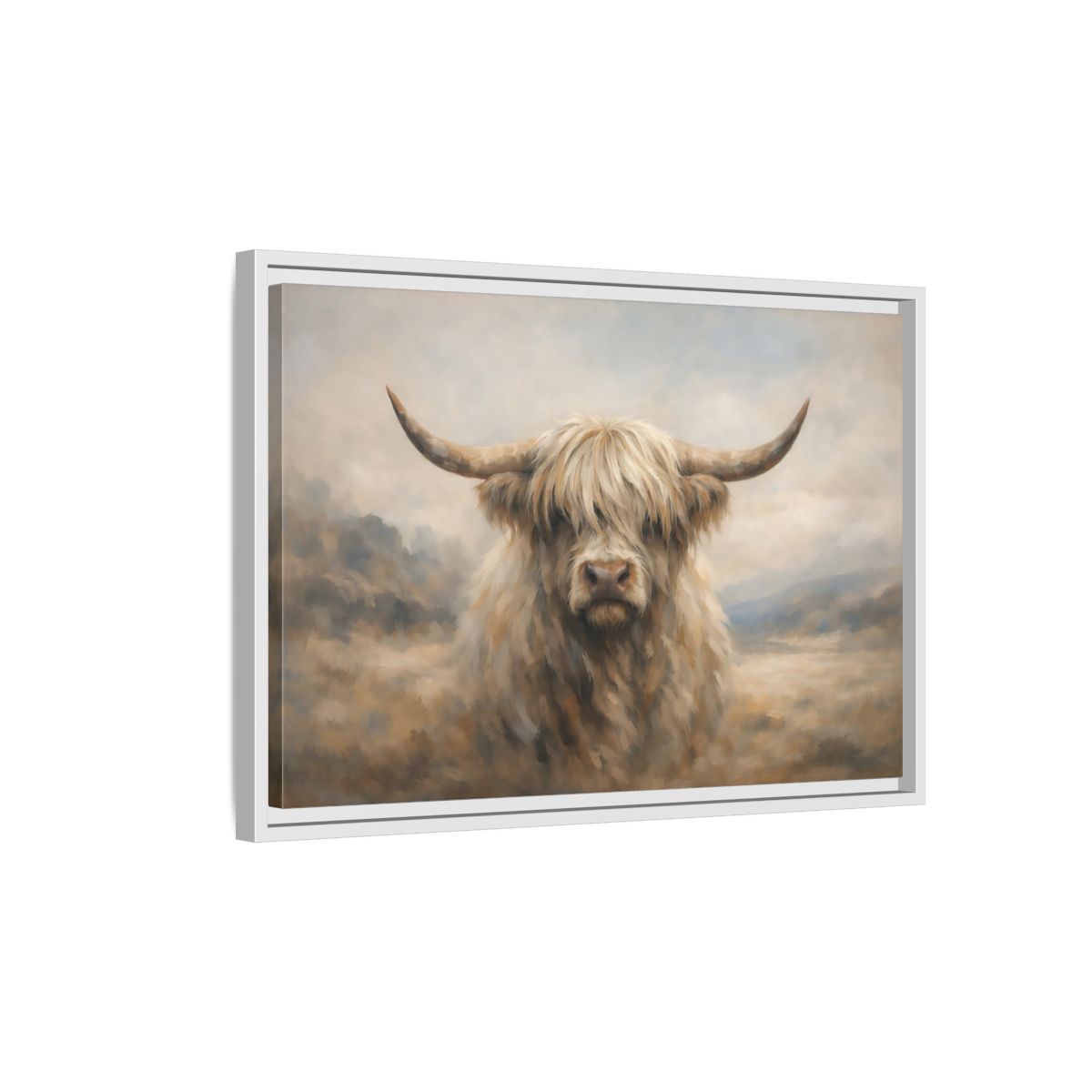 Side Mockup 1. Animals Highland Cow Cream And Brown Cow shown as stretched canvas wall art