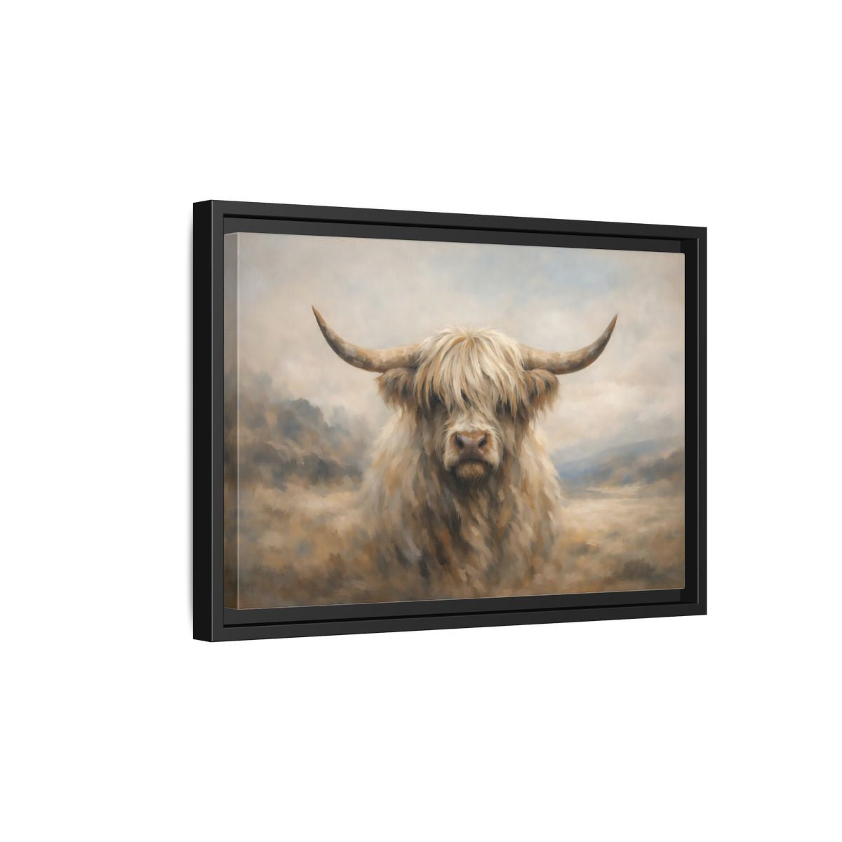 Side Mockup 6. Animals Highland Cow Cream And Brown Cow shown as stretched canvas wall art