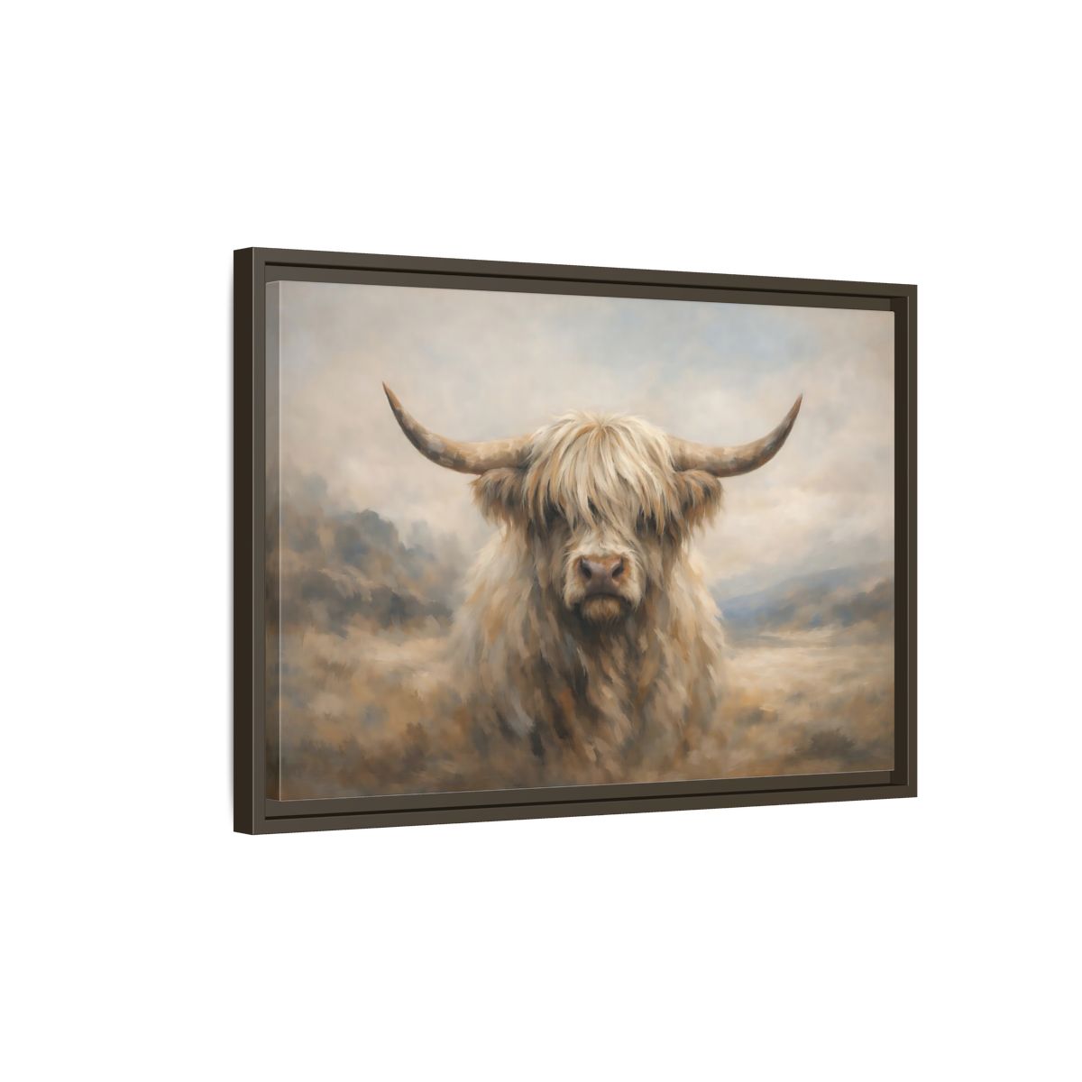 Side Mockup 2. Animals Highland Cow Cream And Brown Cow shown as stretched canvas wall art