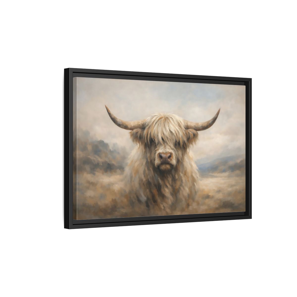 Side Mockup 3. Animals Highland Cow Cream And Brown Cow shown as stretched canvas wall art