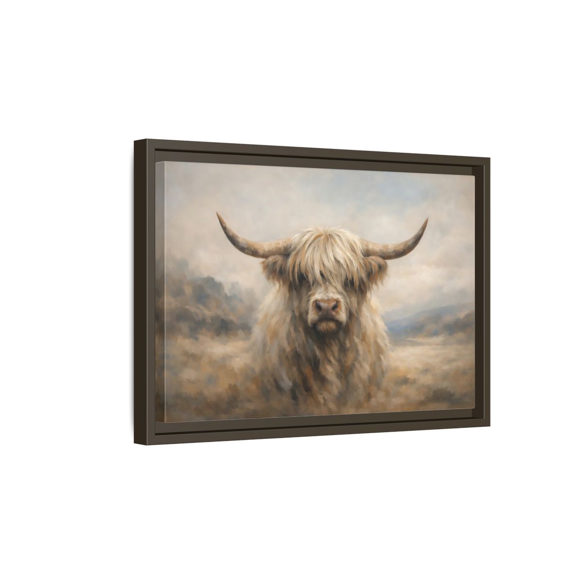 Side Mockup 5. Animals Highland Cow Cream And Brown Cow shown as stretched canvas wall art