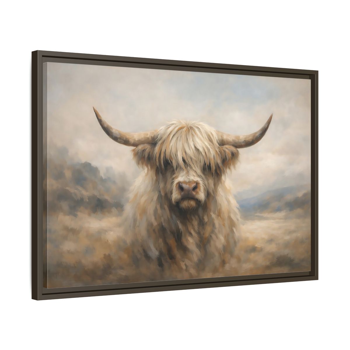 Side Mockup 11. Animals Highland Cow Cream And Brown Cow shown as stretched canvas wall art