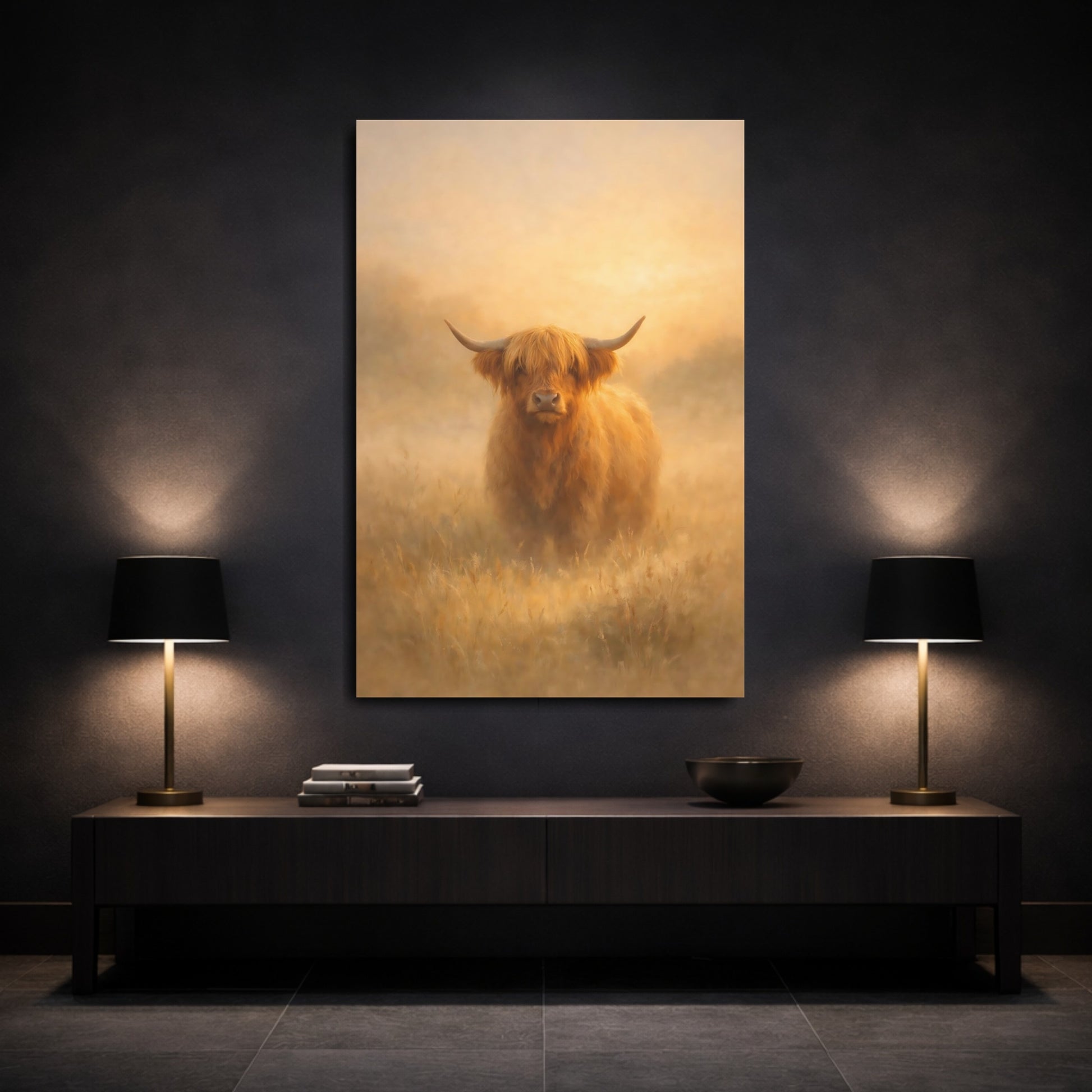 Mockup 2. Animals Highland Cow Golden Highland Cow shown as stretched canvas wall art
