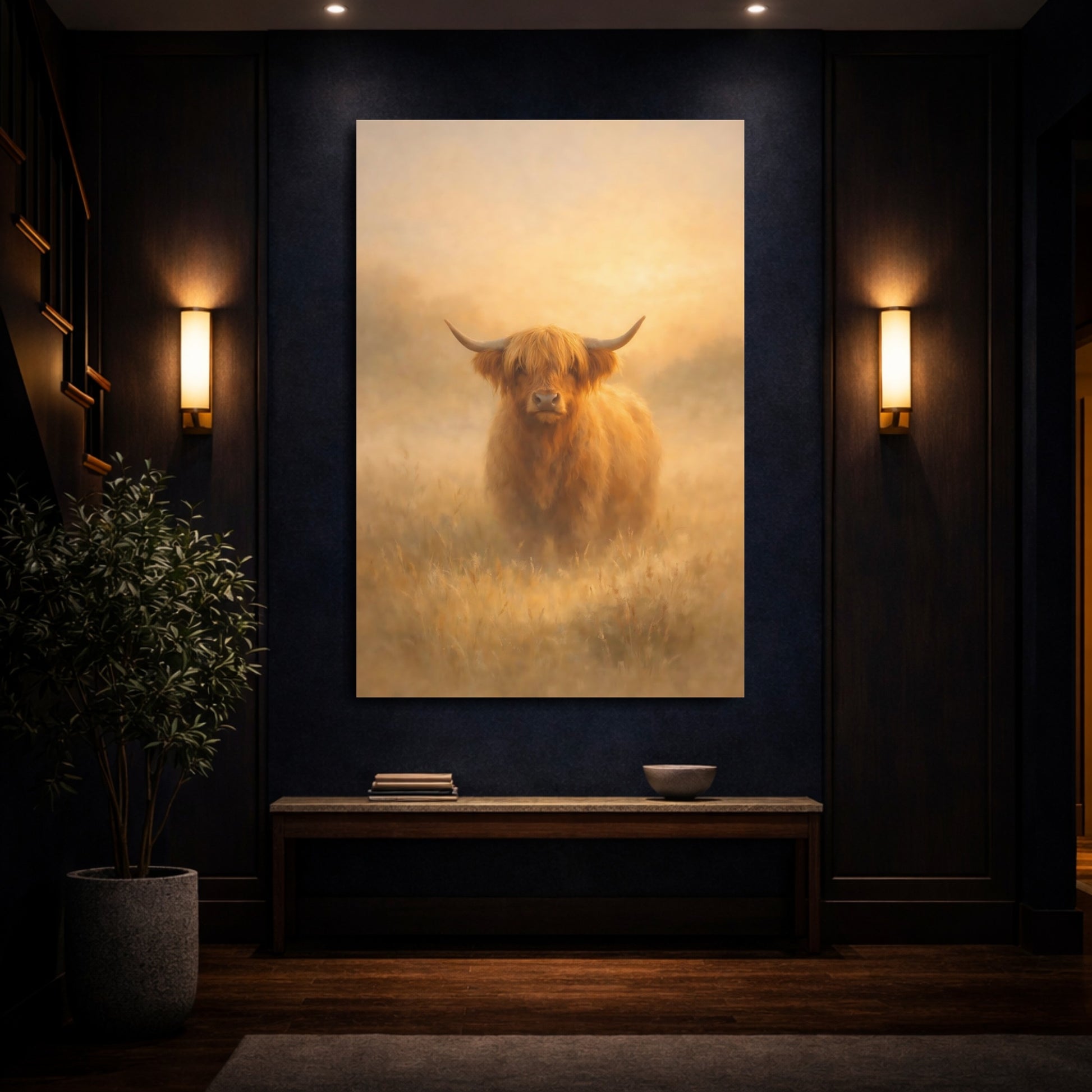 Mockup 3. Animals Highland Cow Golden Highland Cow shown as stretched canvas wall art