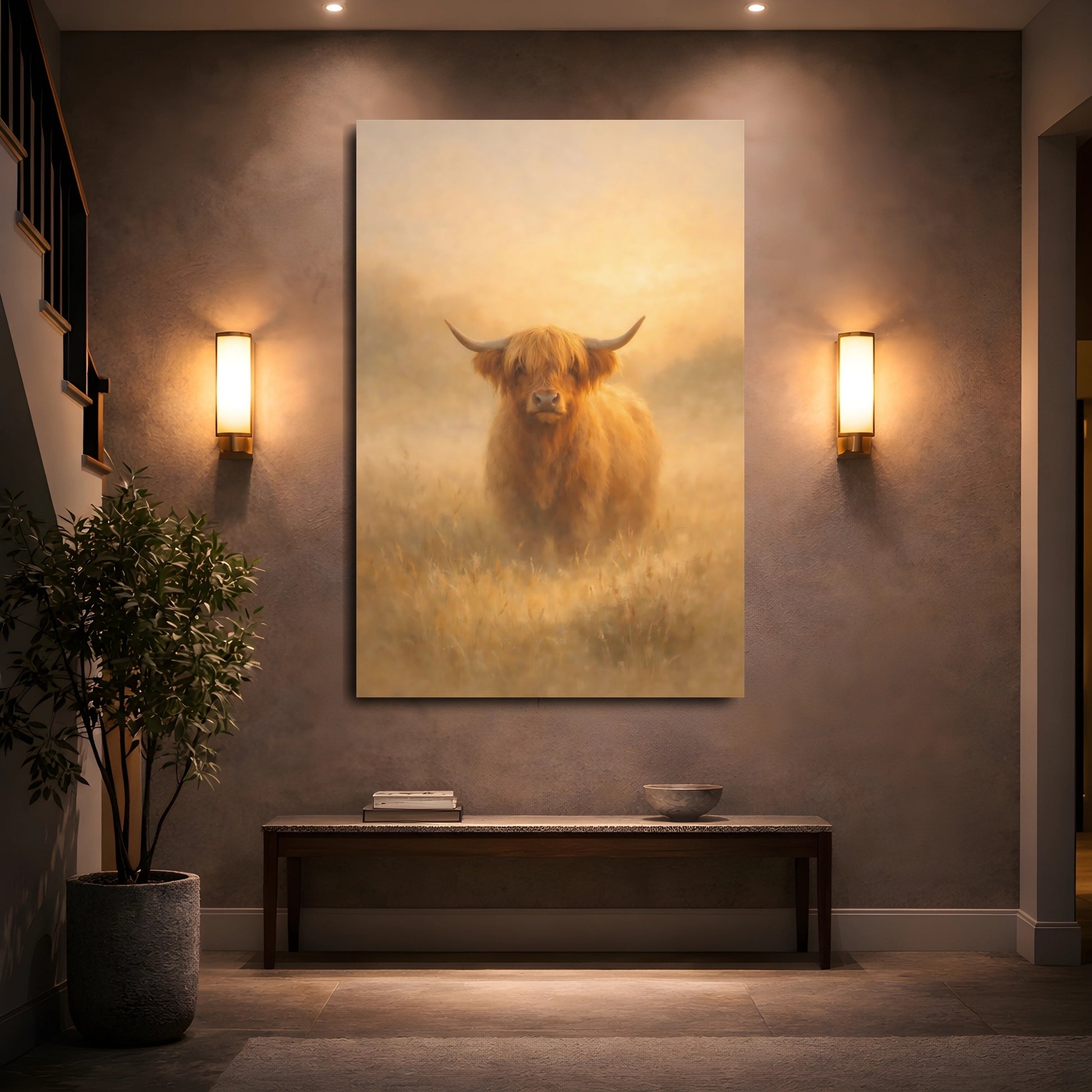 Mockup 4. Animals Highland Cow Golden Highland Cow shown as stretched canvas wall art
