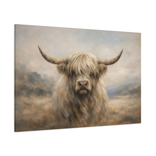 Main Mockup. Animals Highland Cow Highland Cow Beige shown as stretched canvas wall art