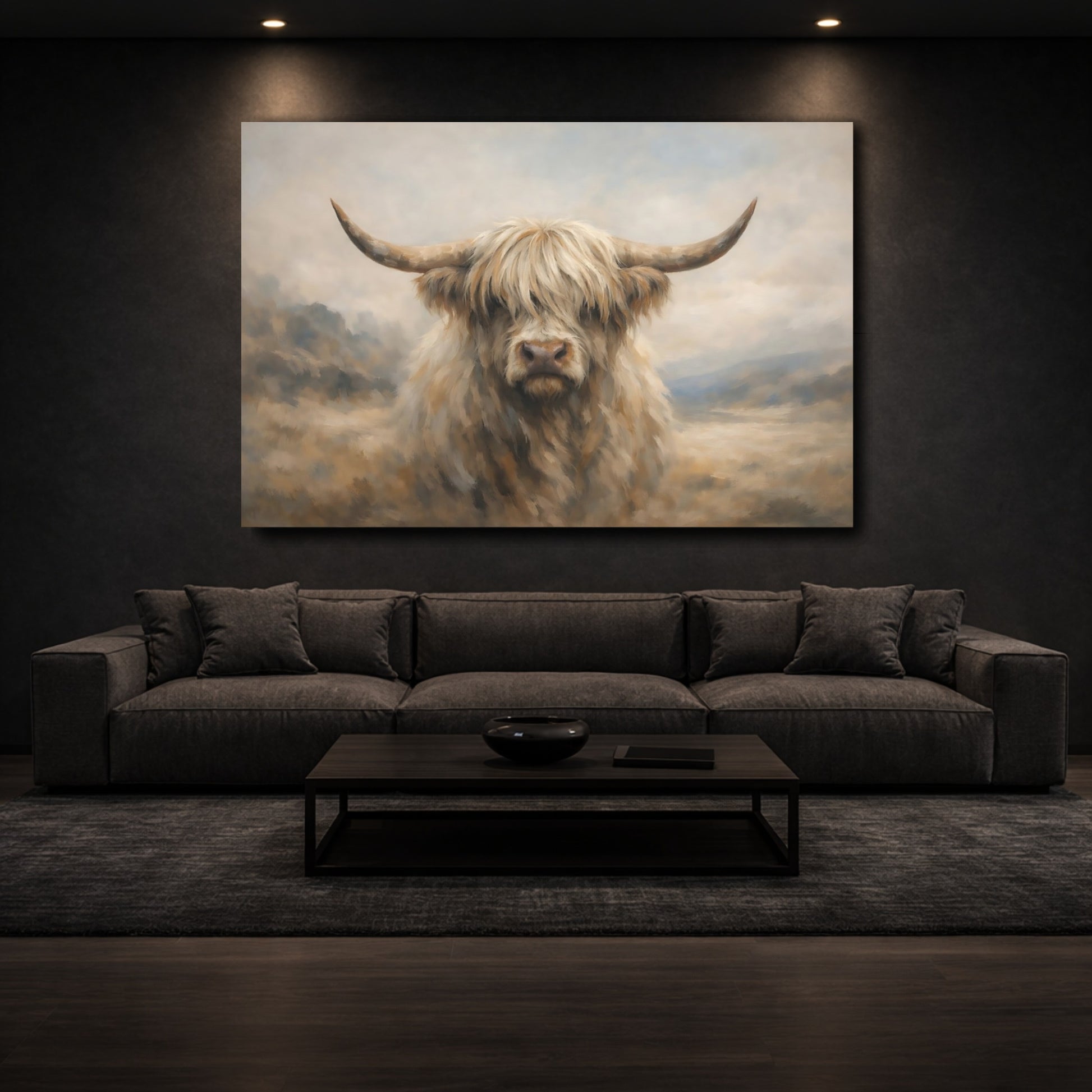 Mockup 2. Animals Highland Cow Highland Cow Beige shown as stretched canvas wall art