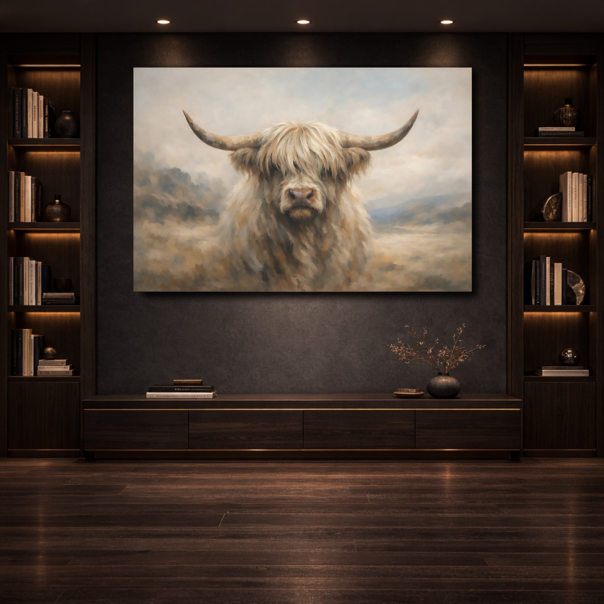 Mockup 3. Animals Highland Cow Highland Cow Beige shown as stretched canvas wall art