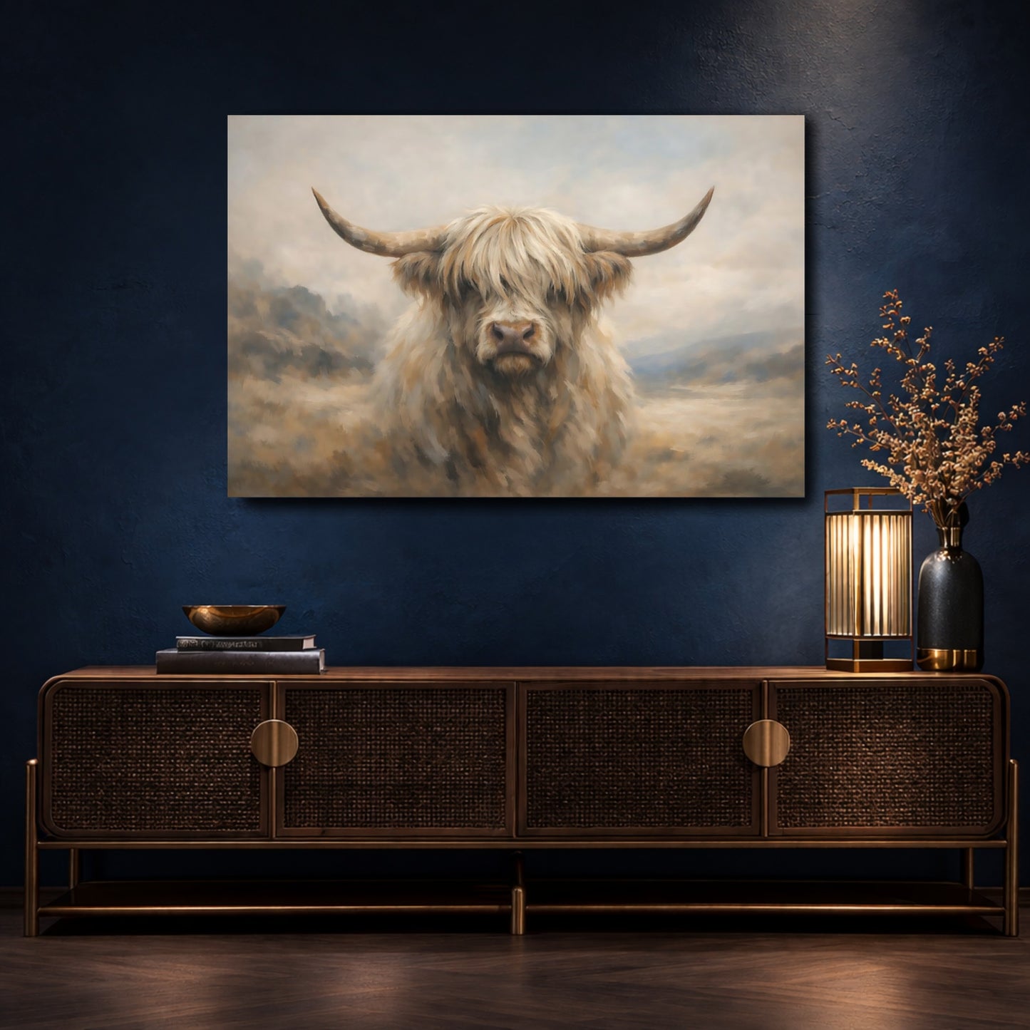Mockup 4. Animals Highland Cow Highland Cow Beige shown as stretched canvas wall art