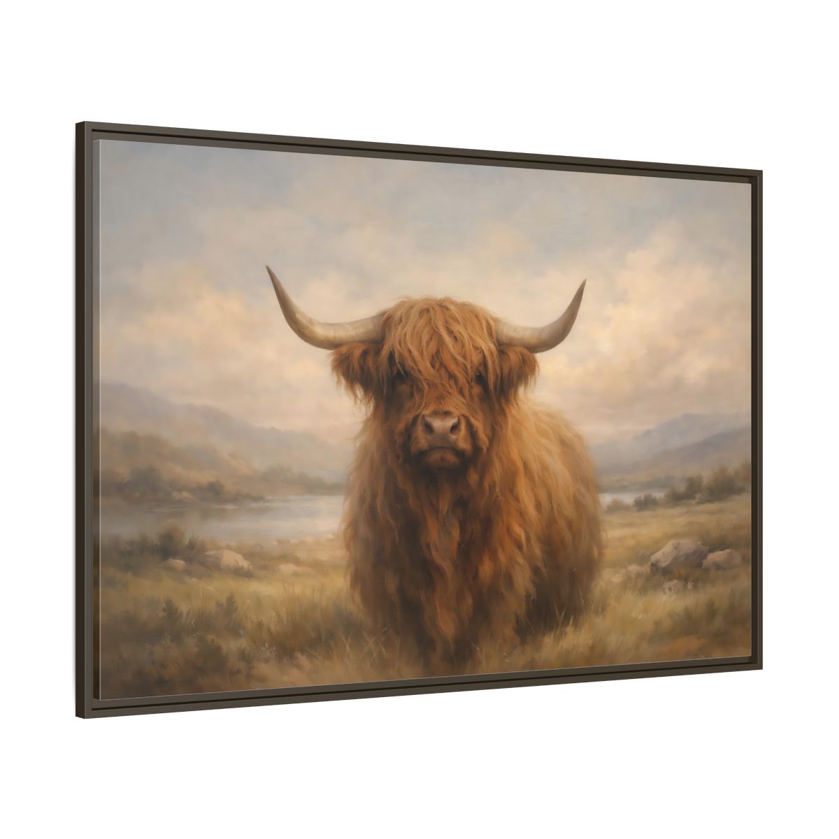 Main Mockup. Animals Highland Cow Highland Cow Brown shown as stretched canvas wall art