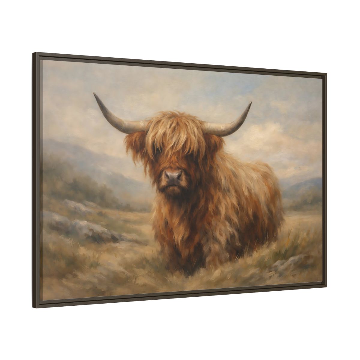 Main Mockup. Animals Highland Cow Highland Cow Brown shown as stretched canvas wall art