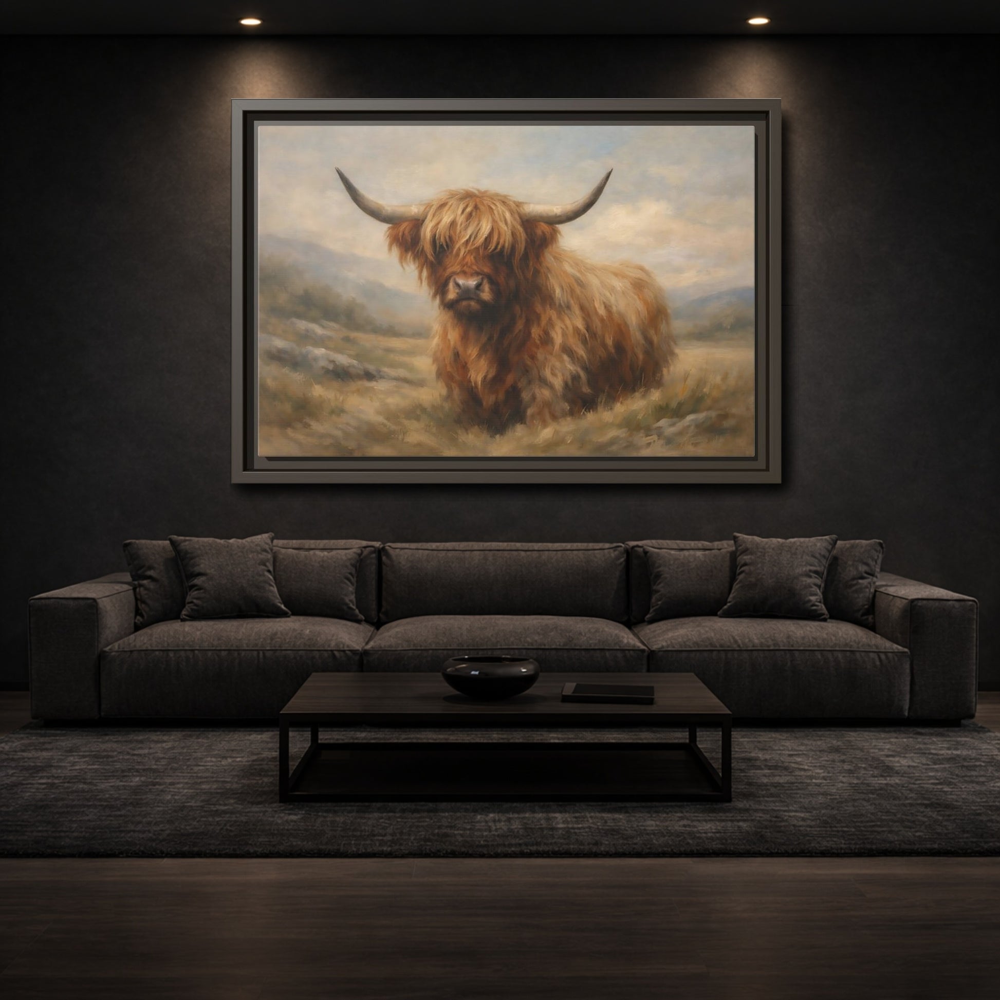 Mockup 2. Animals Highland Cow Highland Cow Brown shown as stretched canvas wall art