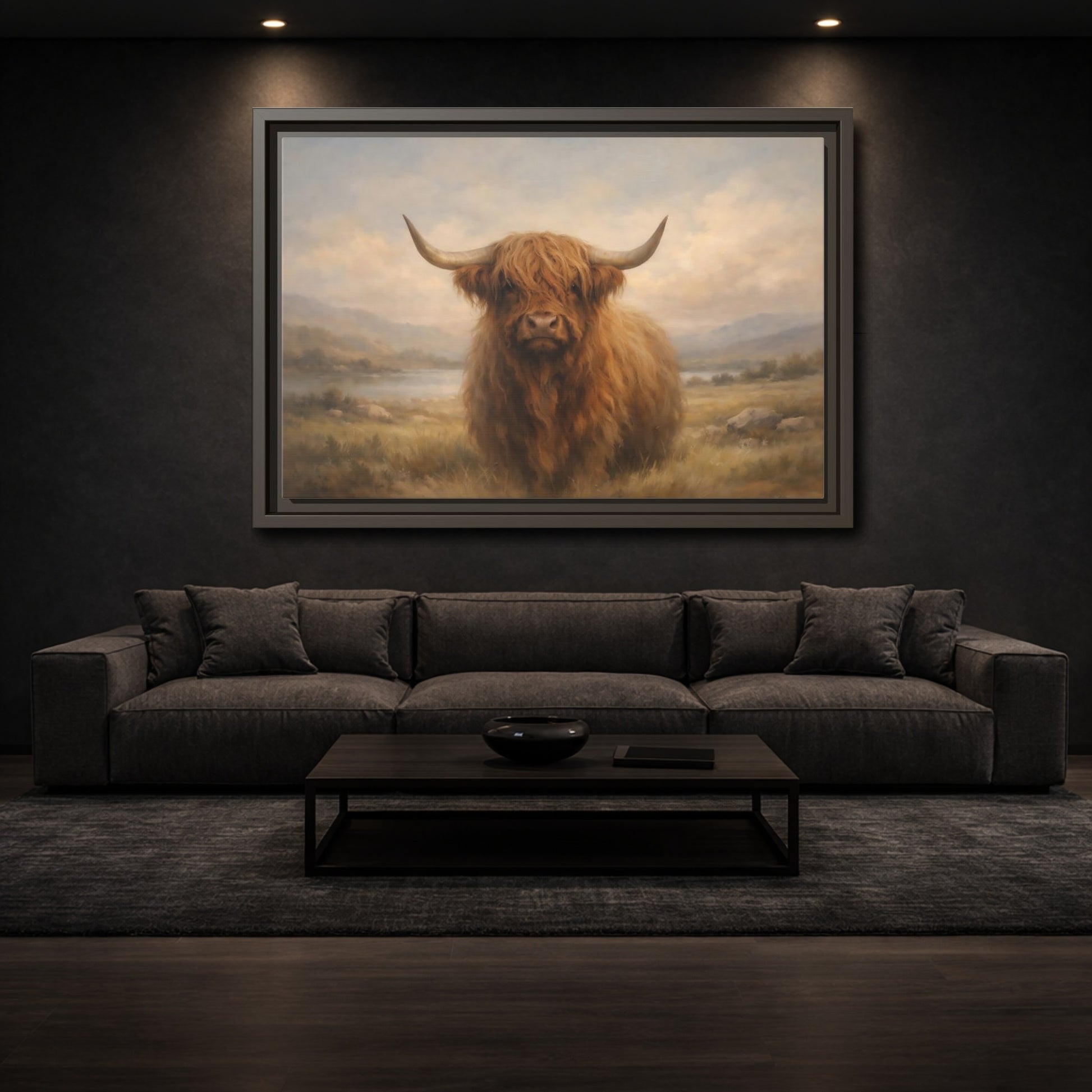 Mockup 2. Animals Highland Cow Highland Cow Brown shown as stretched canvas wall art