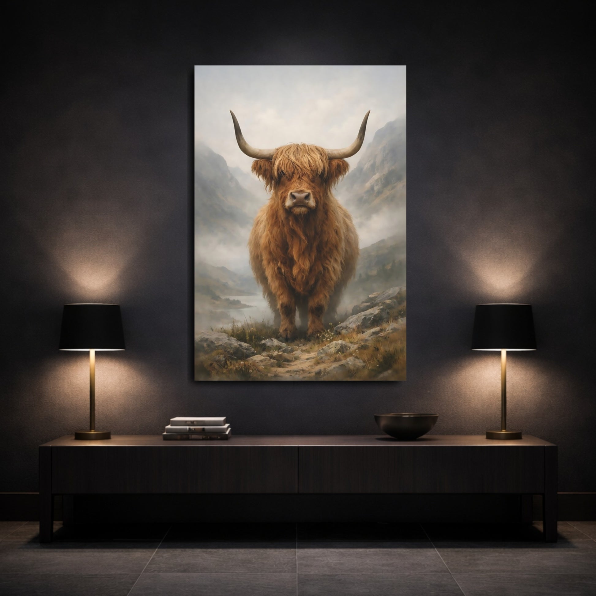 Mockup 2. Animals Highland Cow Highland Cow Brown shown as stretched canvas wall art