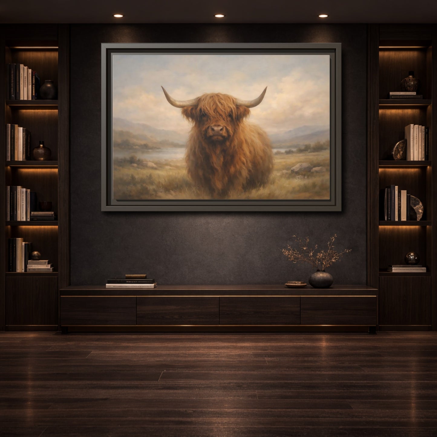Mockup 3. Animals Highland Cow Highland Cow Brown shown as stretched canvas wall art