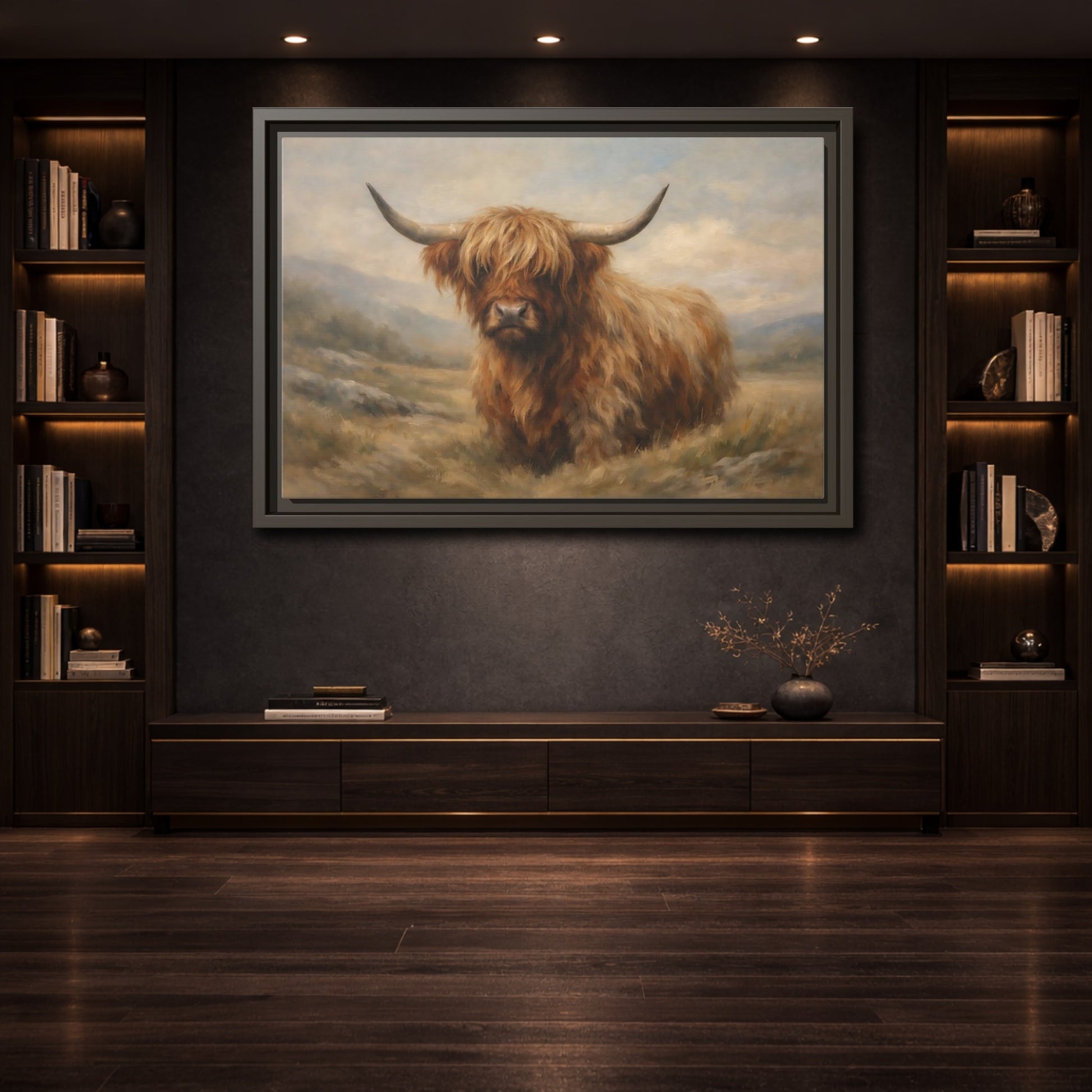 Mockup 3. Animals Highland Cow Highland Cow Brown shown as stretched canvas wall art