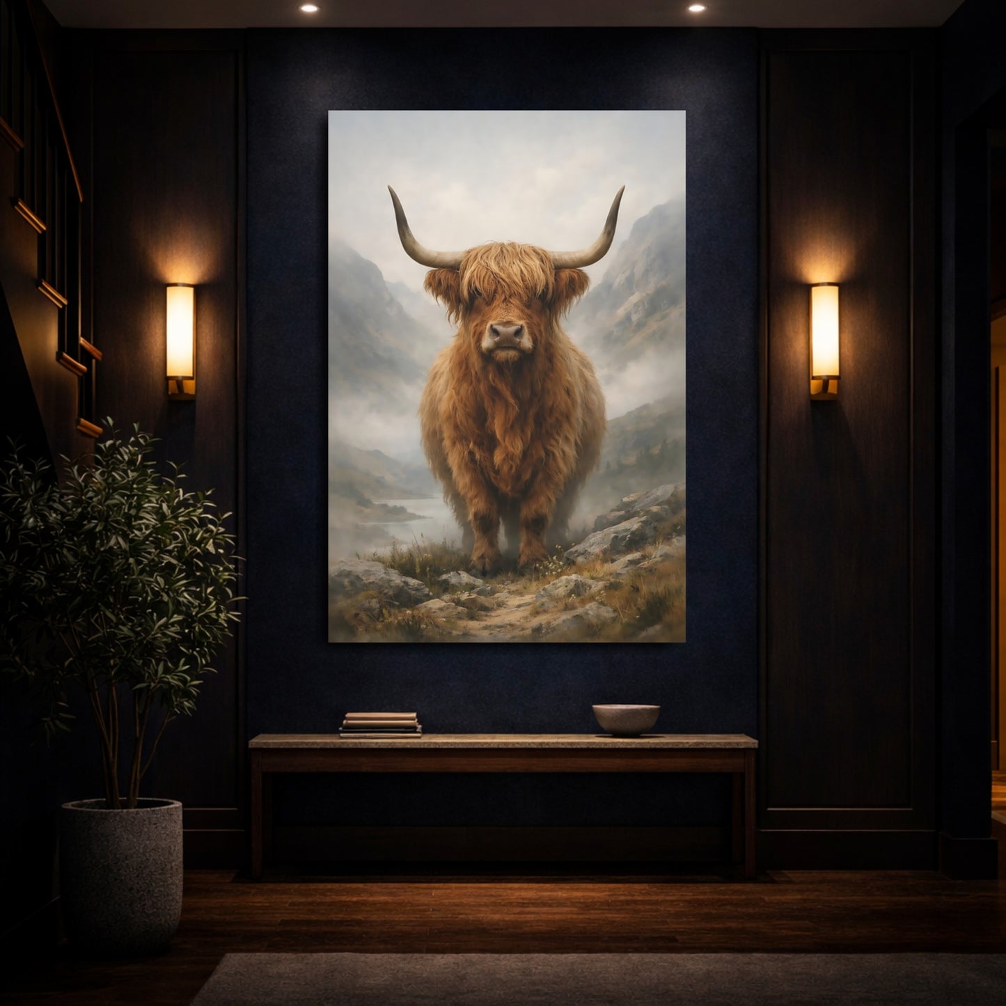 Mockup 3. Animals Highland Cow Highland Cow Brown shown as stretched canvas wall art
