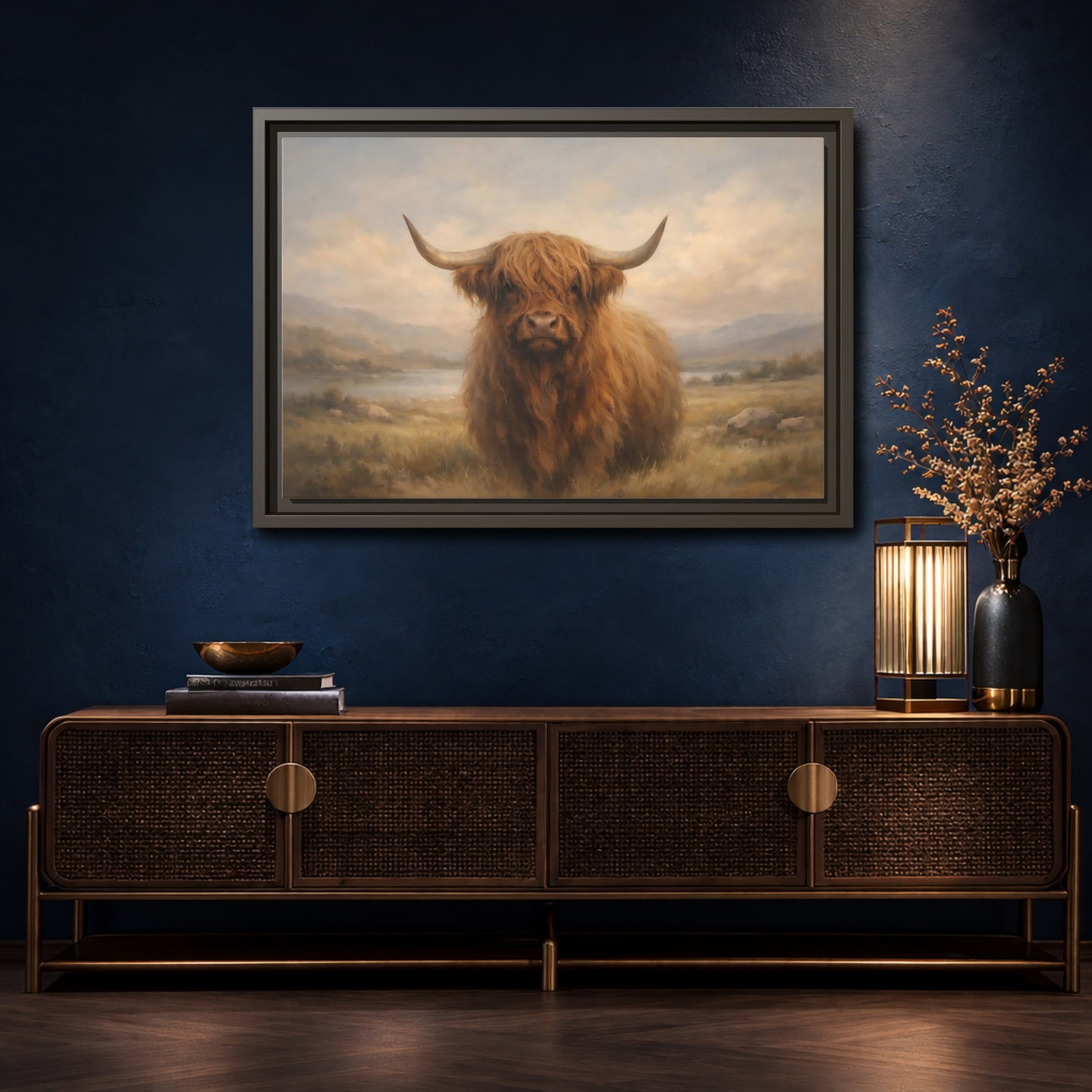 Mockup 4. Animals Highland Cow Highland Cow Brown shown as stretched canvas wall art