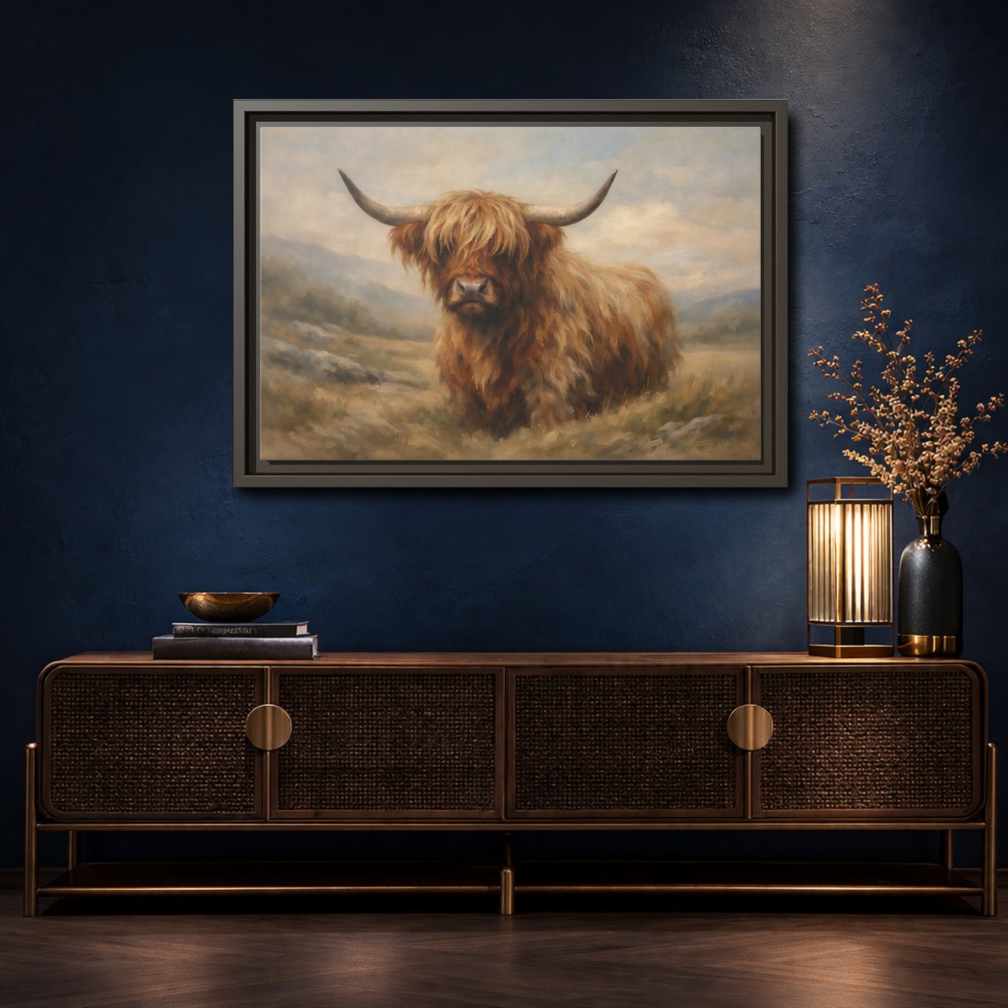 Mockup 4. Animals Highland Cow Highland Cow Brown shown as stretched canvas wall art