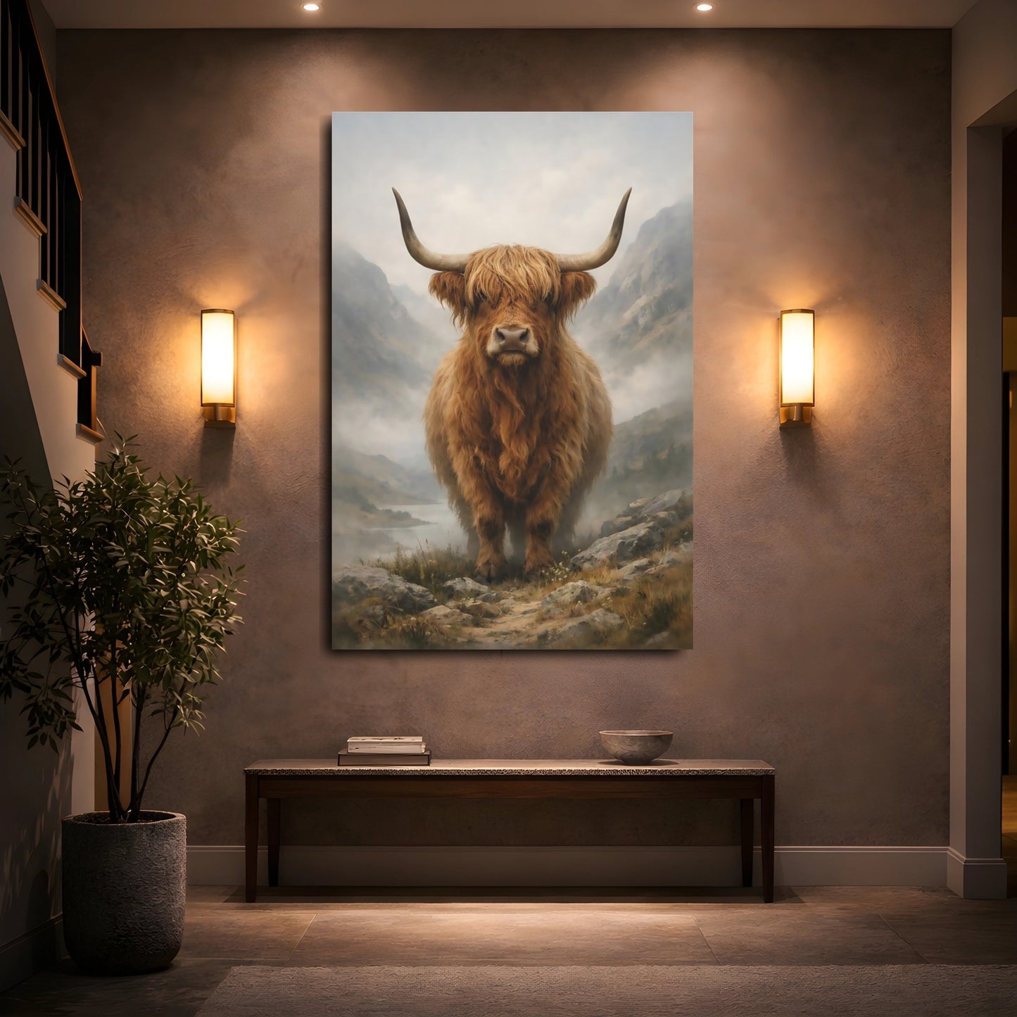 Mockup 4. Animals Highland Cow Highland Cow Brown shown as stretched canvas wall art