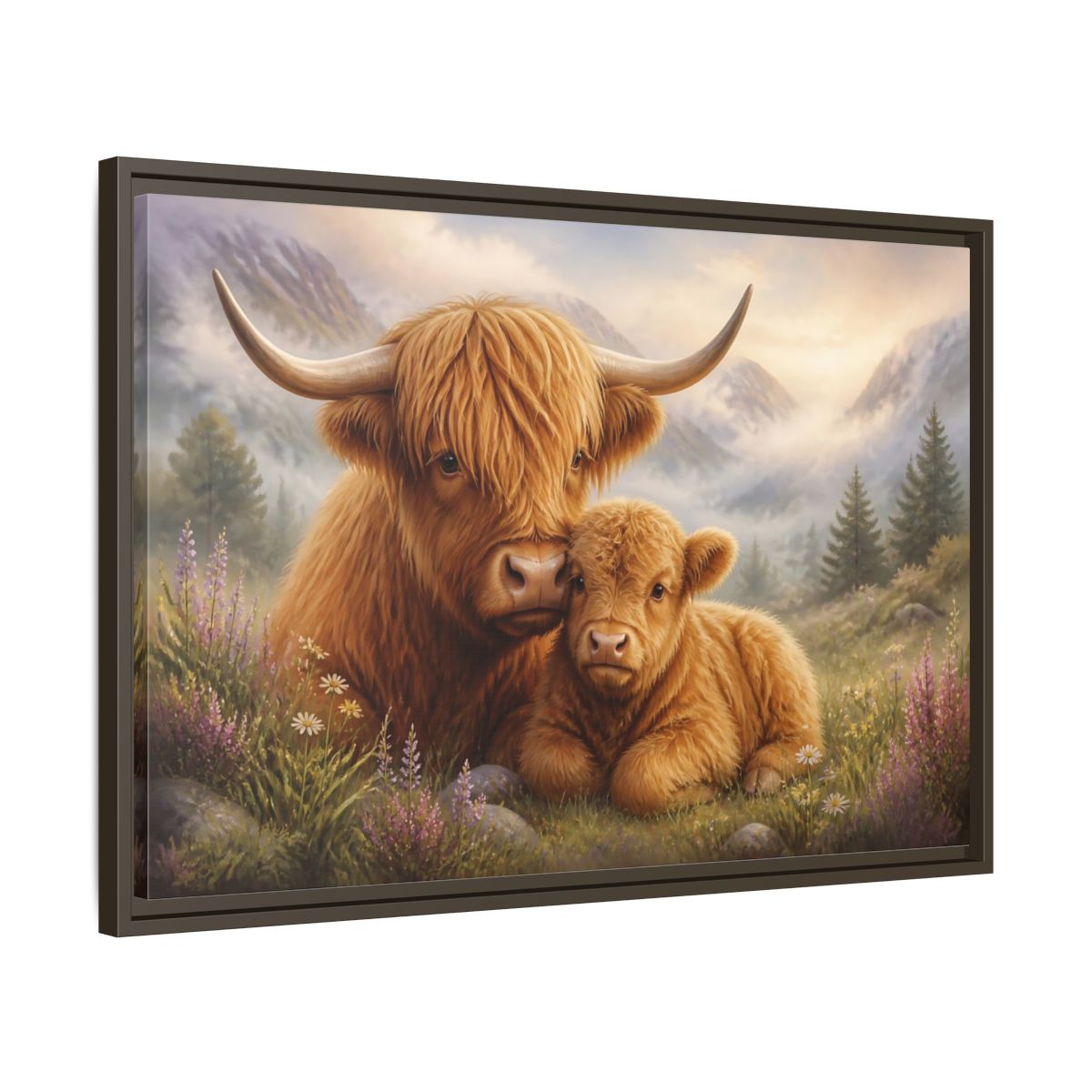 Side Mockup 11. Animals Highland Cows Highland Cow Brown shown as stretched canvas wall art