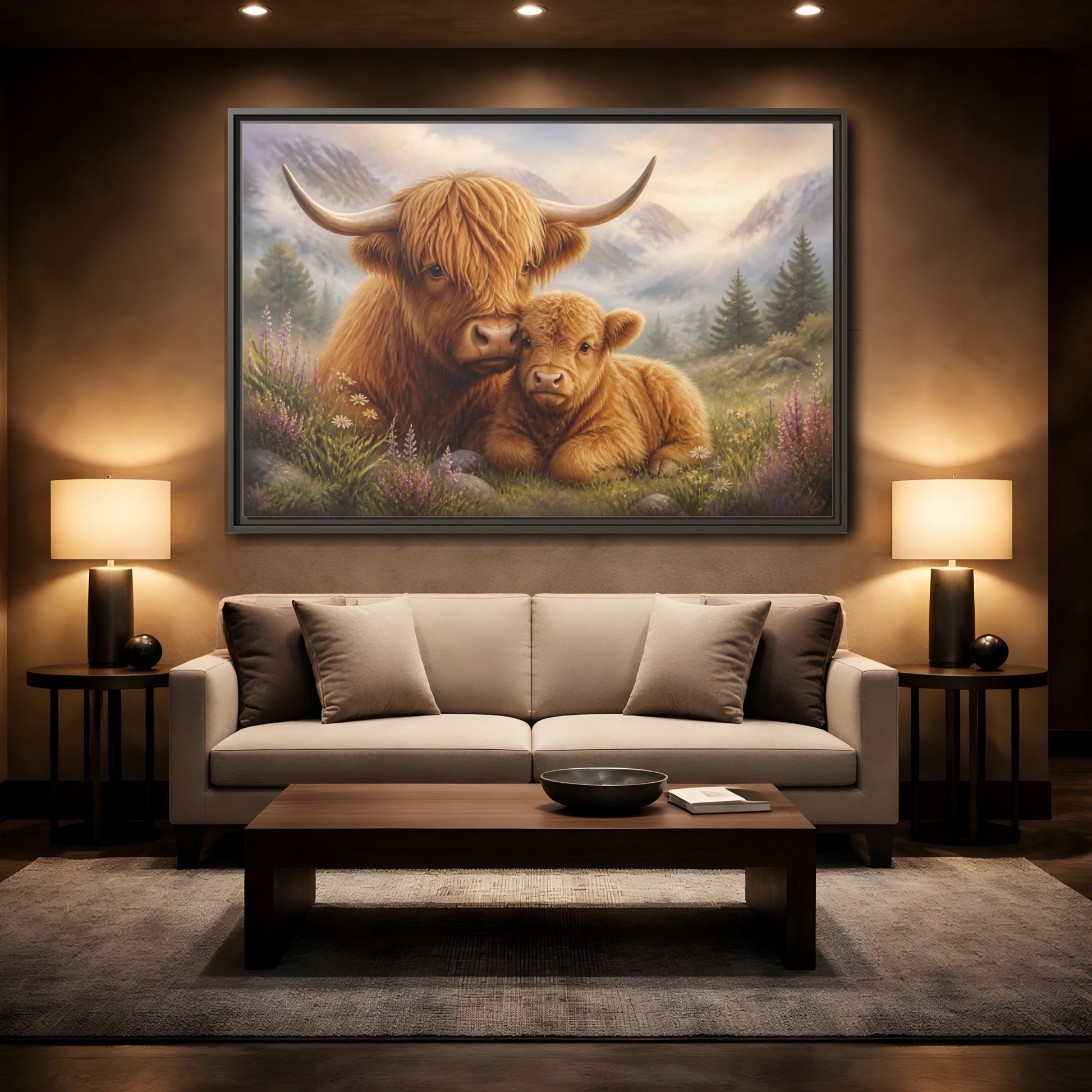 Mockup 2. Animals Highland Cows Highland Cow Brown shown as stretched canvas wall art