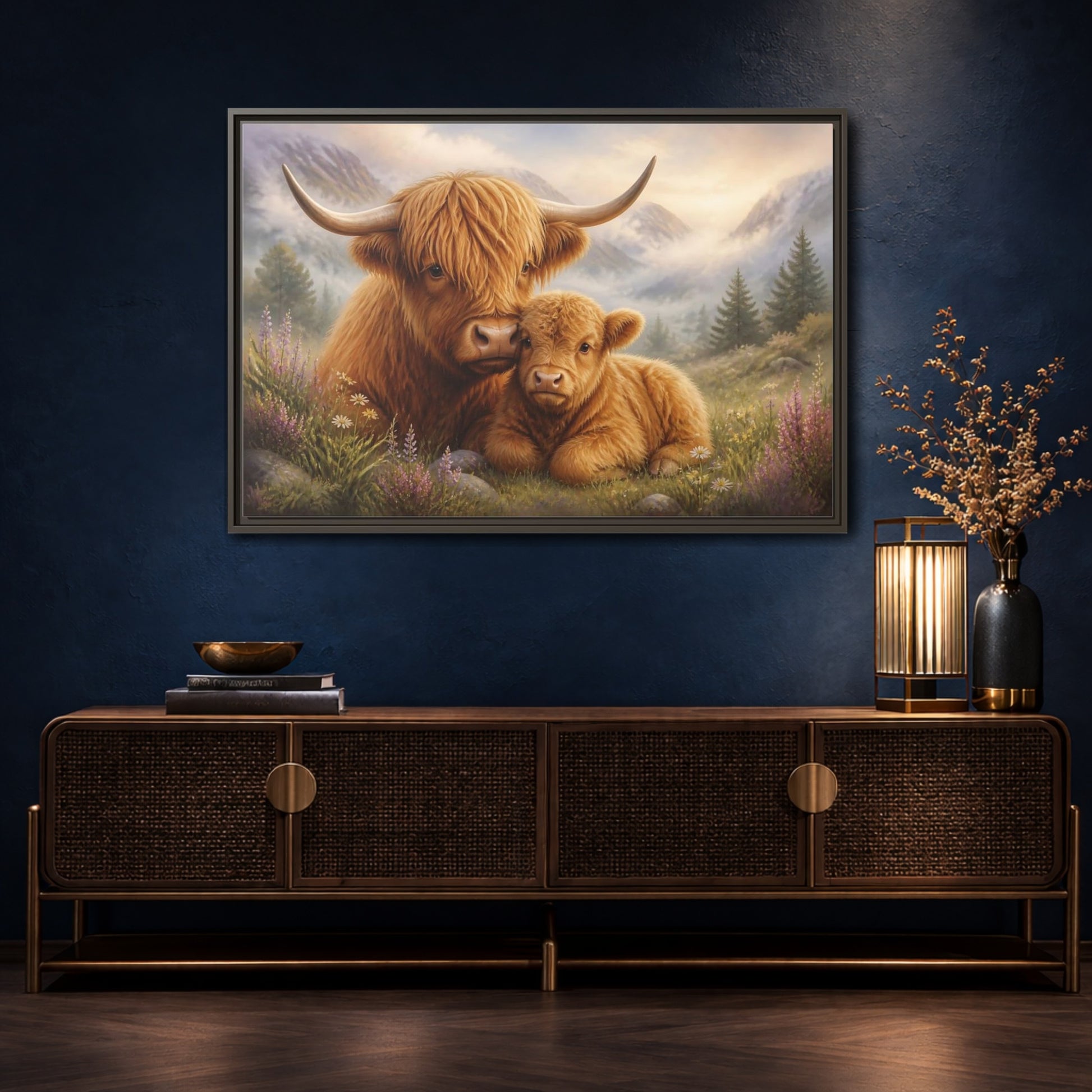 Mockup 4. Animals Highland Cows Highland Cow Brown shown as stretched canvas wall art