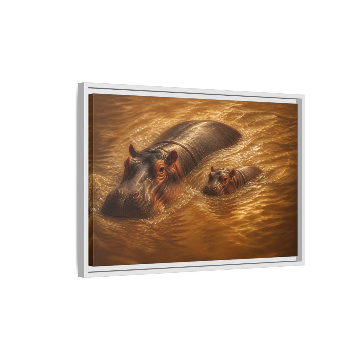 Side Mockup 1. Animals Hippos Brown Hippos shown as stretched canvas wall art
