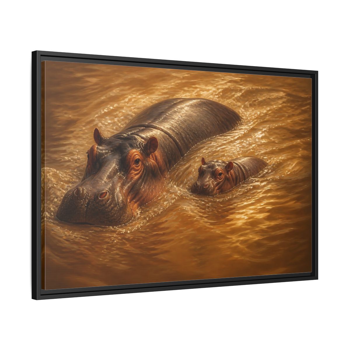 Side Mockup 13. Animals Hippos Brown Hippos shown as stretched canvas wall art