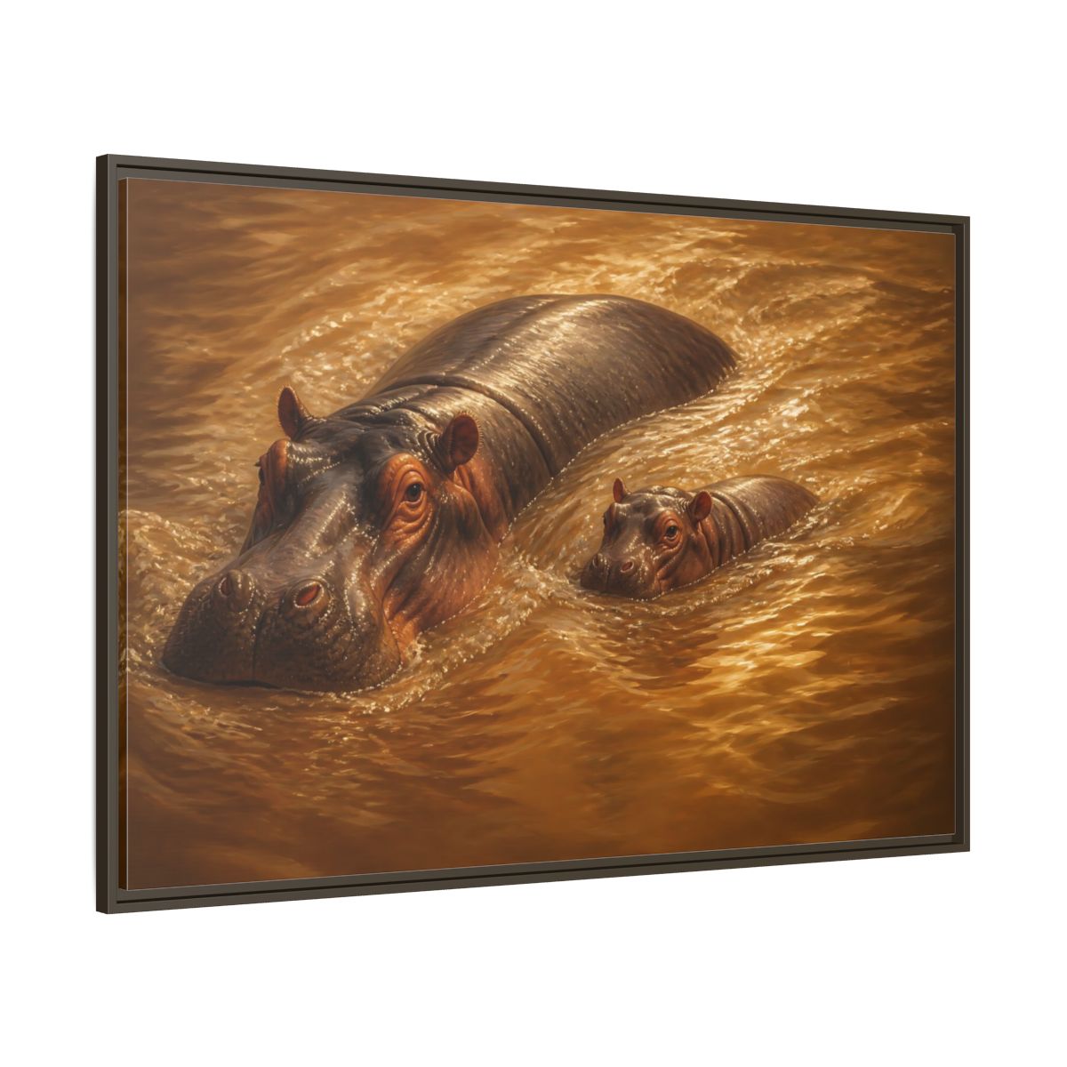 Side Mockup 8. Animals Hippos Brown Hippos shown as stretched canvas wall art