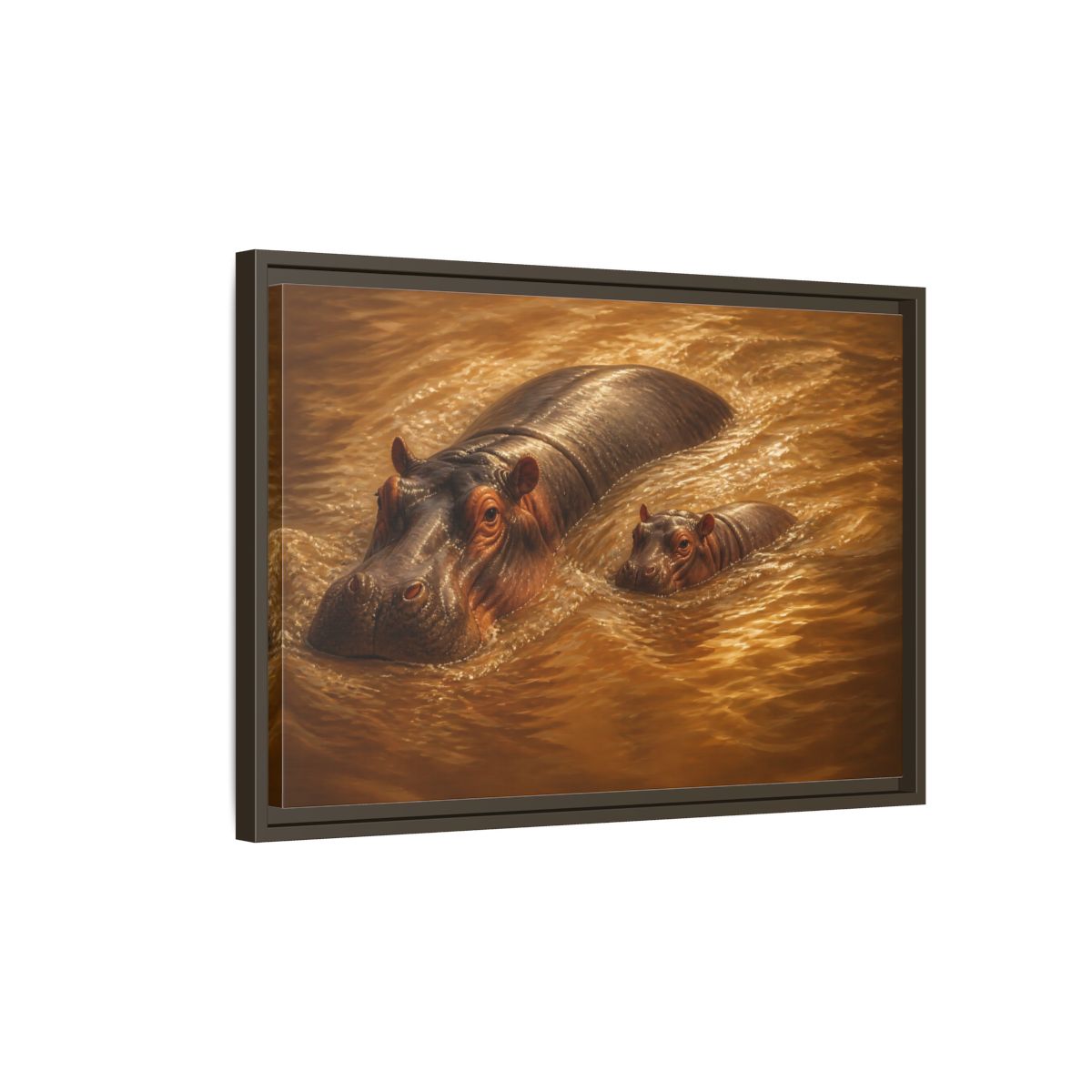Side Mockup 2. Animals Hippos Brown Hippos shown as stretched canvas wall art