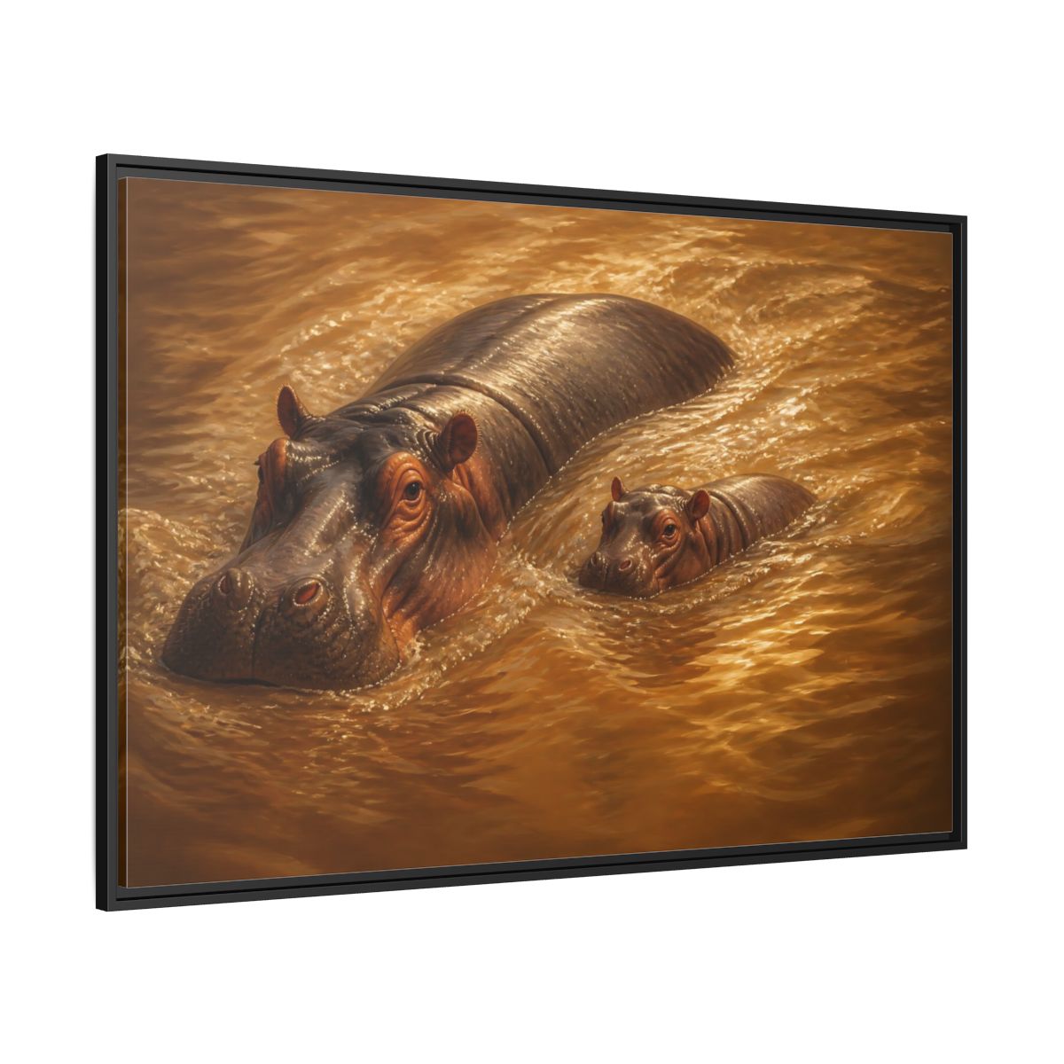 Side Mockup 12. Animals Hippos Brown Hippos shown as stretched canvas wall art