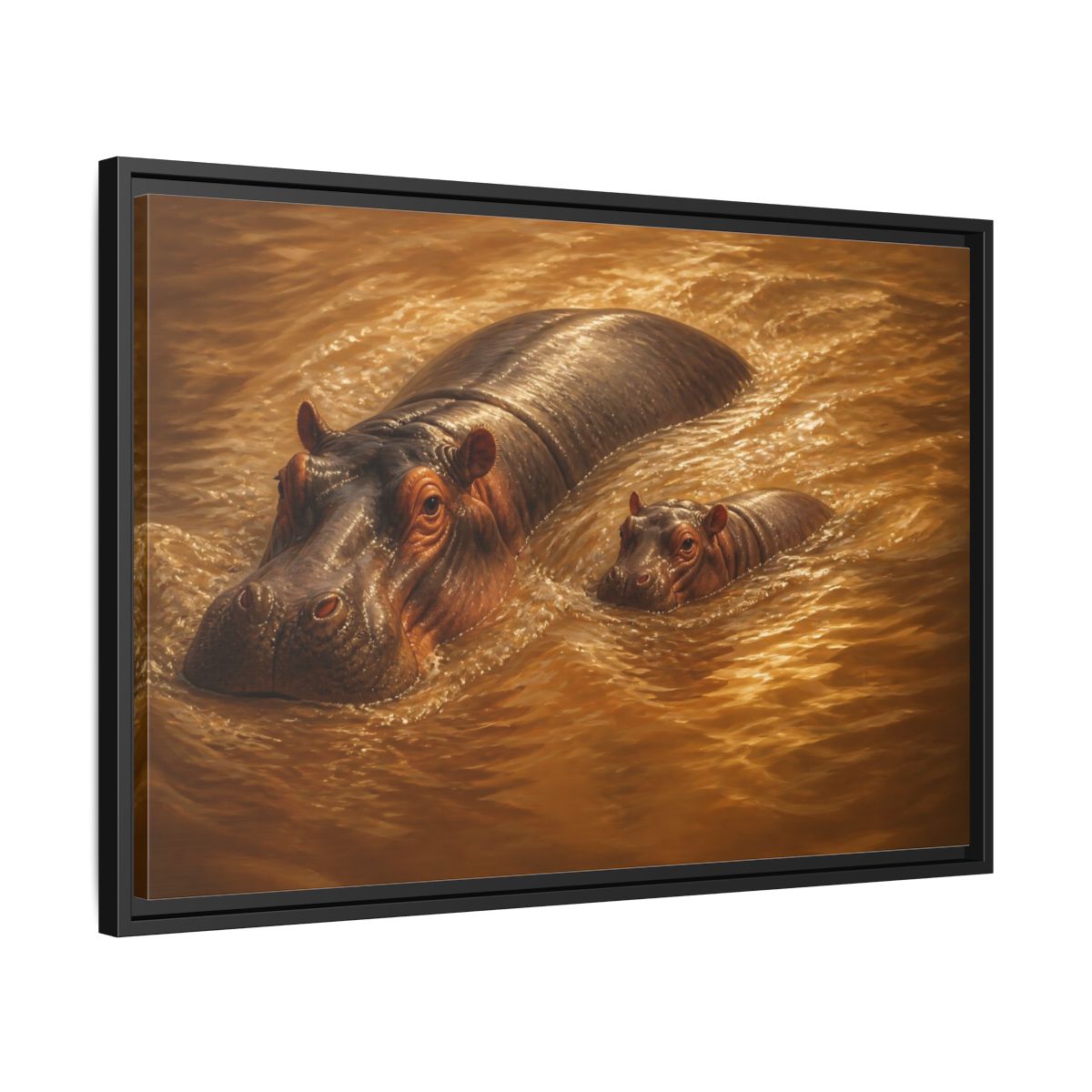 Side Mockup 14. Animals Hippos Brown Hippos shown as stretched canvas wall art