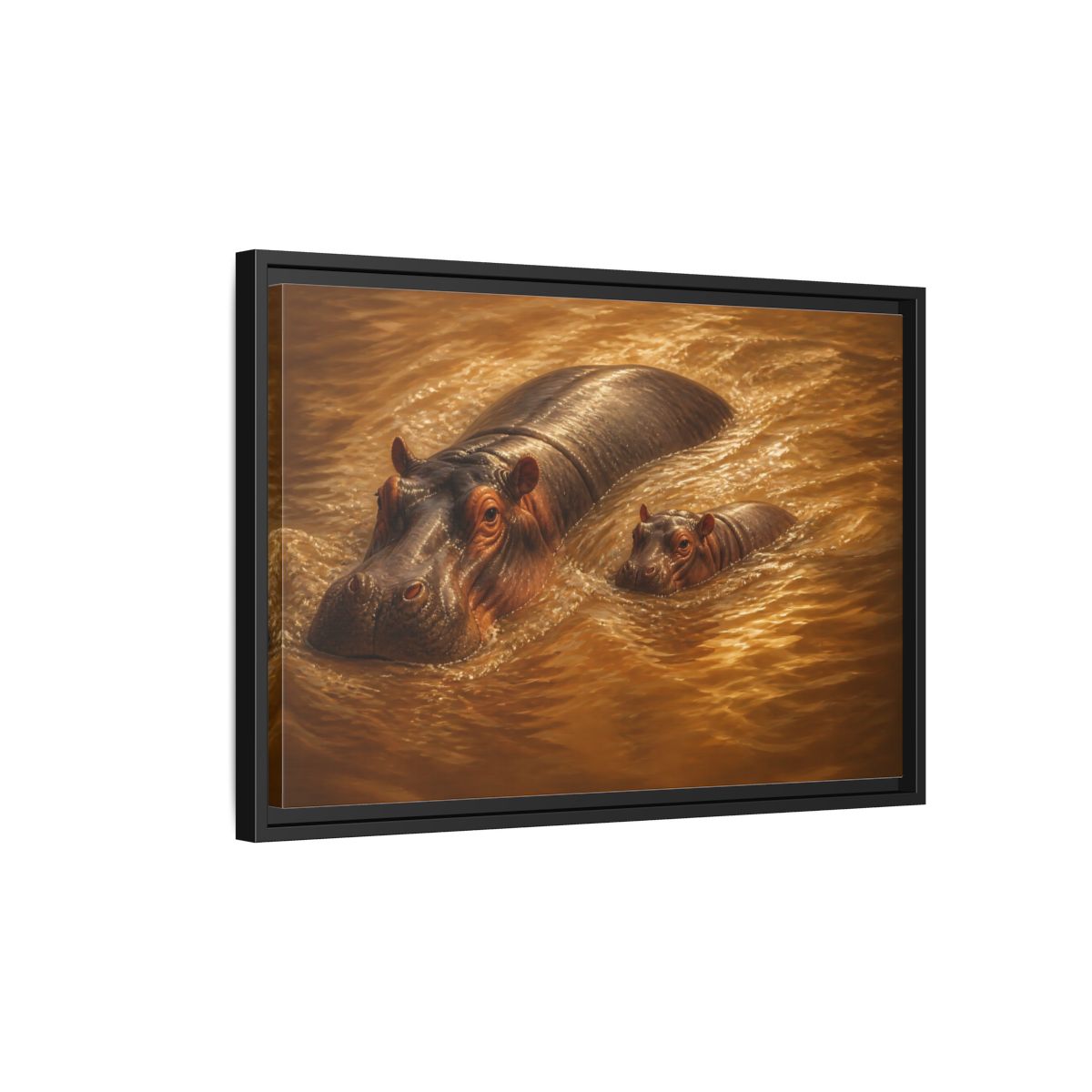 Side Mockup 3. Animals Hippos Brown Hippos shown as stretched canvas wall art