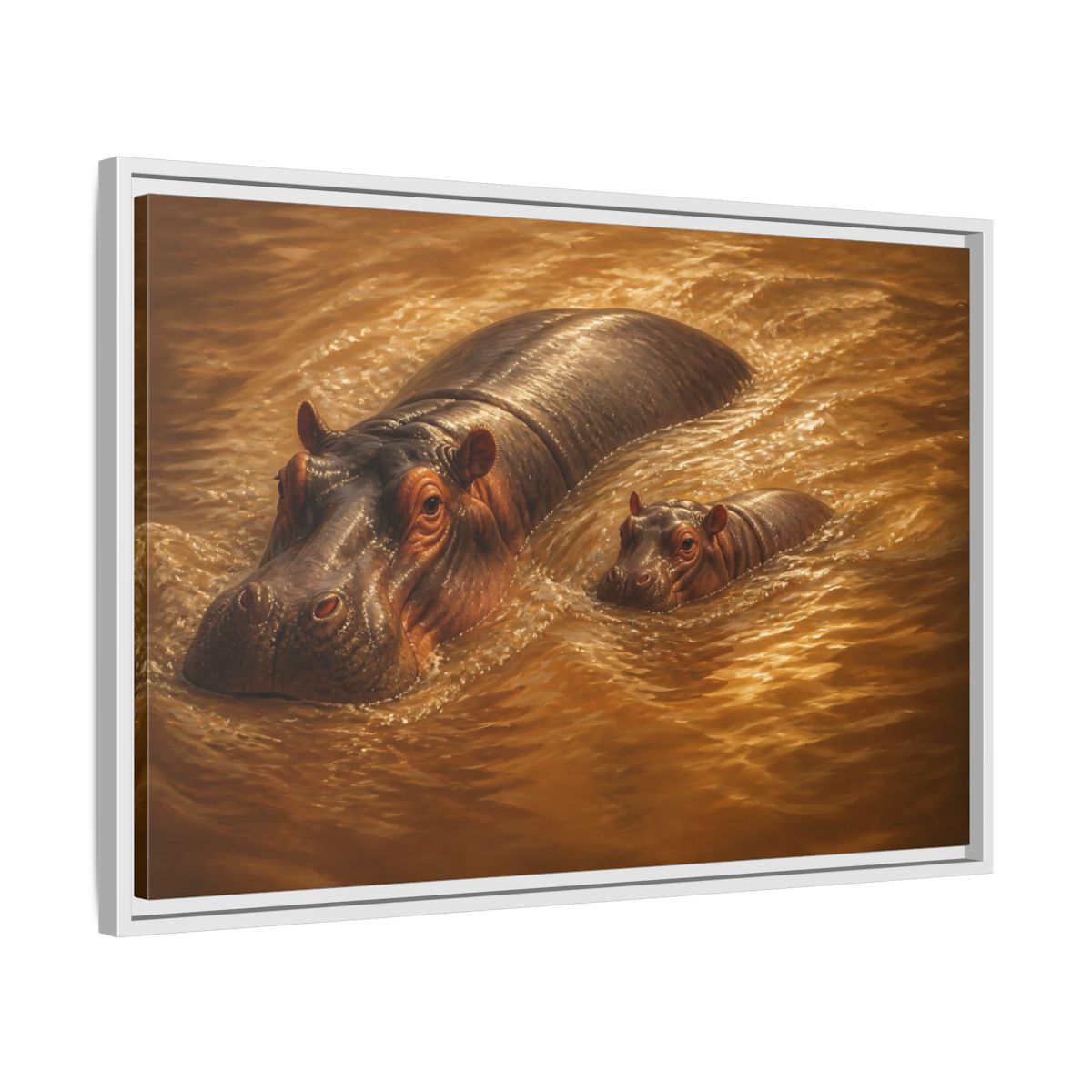 Side Mockup 10. Animals Hippos Brown Hippos shown as stretched canvas wall art