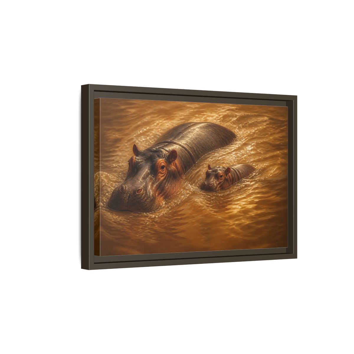 Side Mockup 5. Animals Hippos Brown Hippos shown as stretched canvas wall art