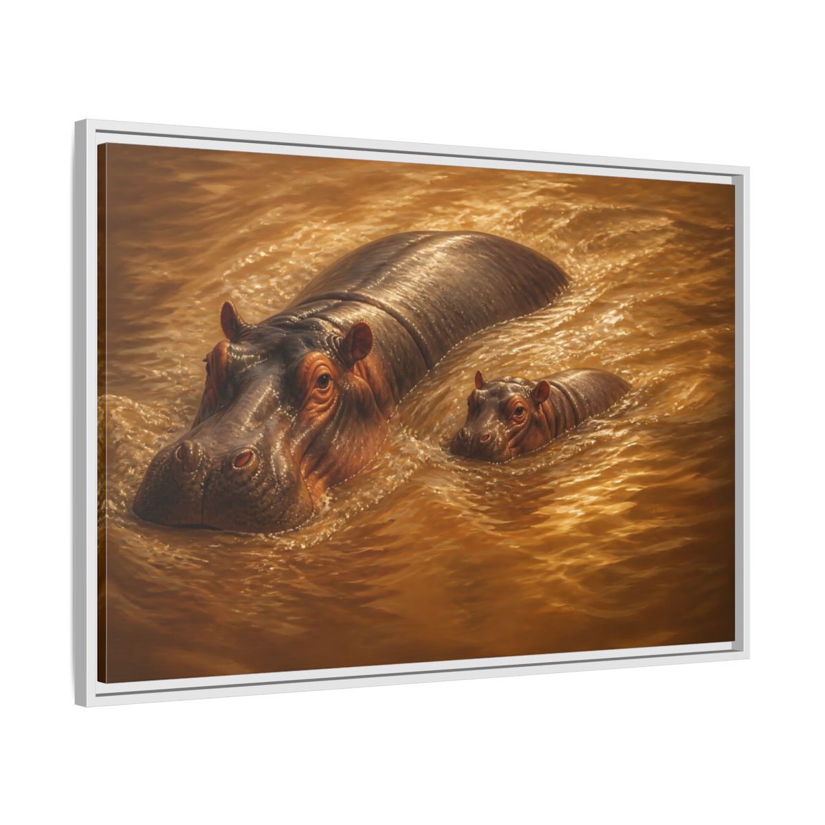 Side Mockup 9. Animals Hippos Brown Hippos shown as stretched canvas wall art