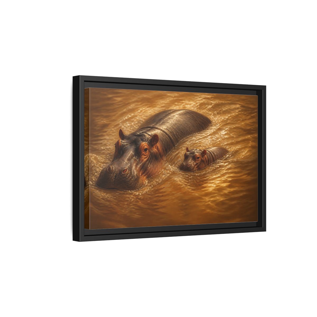 Side Mockup 6. Animals Hippos Brown Hippos shown as stretched canvas wall art