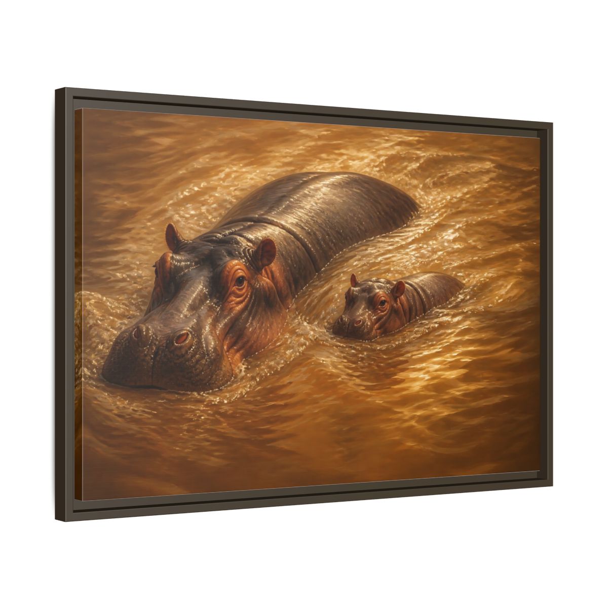 Side Mockup 11. Animals Hippos Brown Hippos shown as stretched canvas wall art