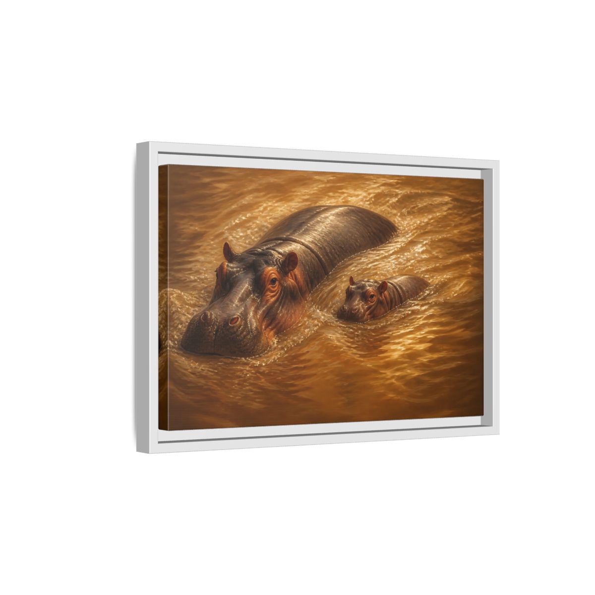Side Mockup 4. Animals Hippos Brown Hippos shown as stretched canvas wall art