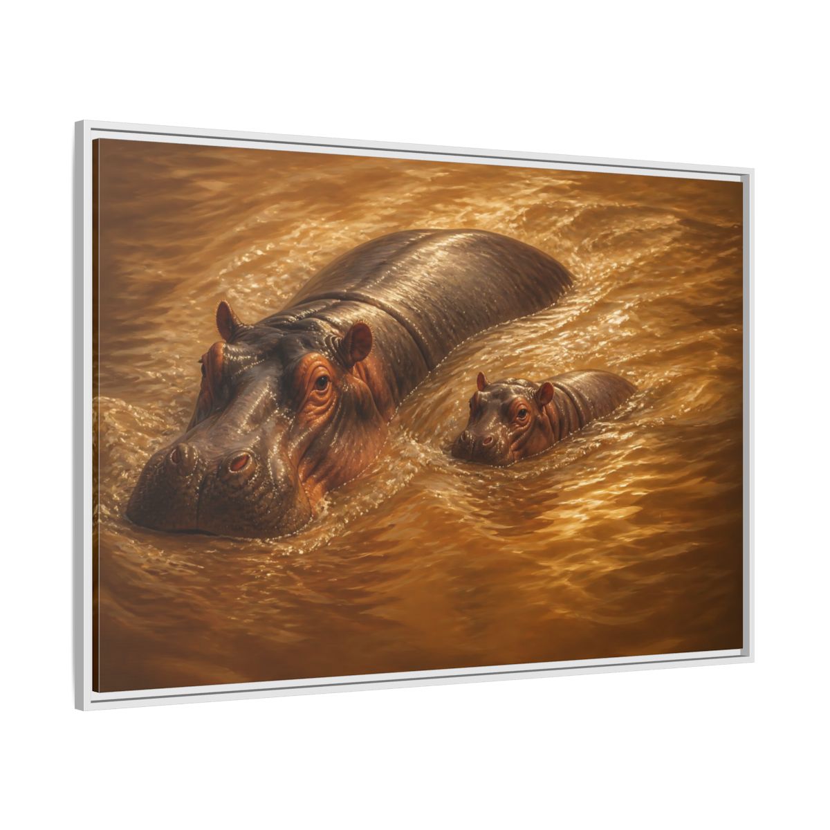 Side Mockup 7. Animals Hippos Brown Hippos shown as stretched canvas wall art